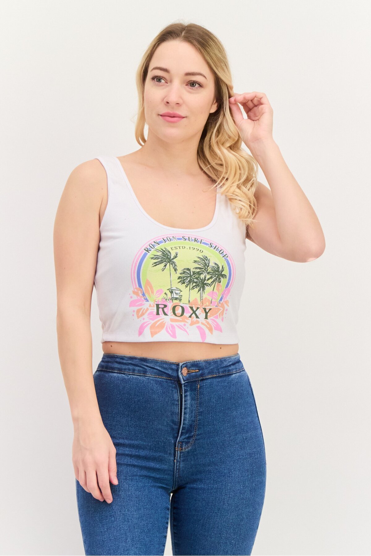 Roxy-بلوزة نسائية قصيرة بدون أكمام ورقبة على شكل حرف U، باللون الأبيض 1
