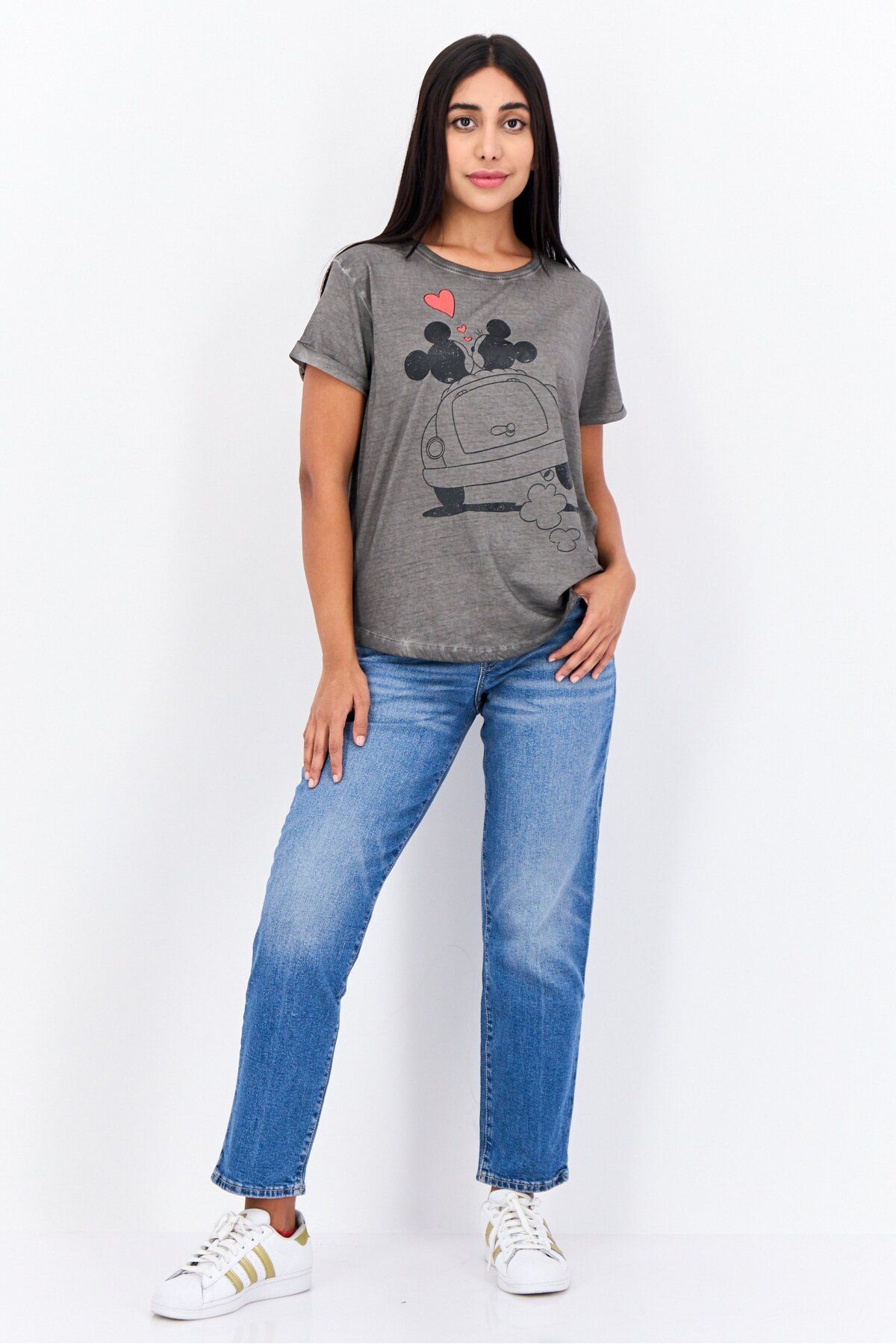 Disney-Women Round Neck Short Sleeves Graphic Print T-shirt, Dark Grey 4