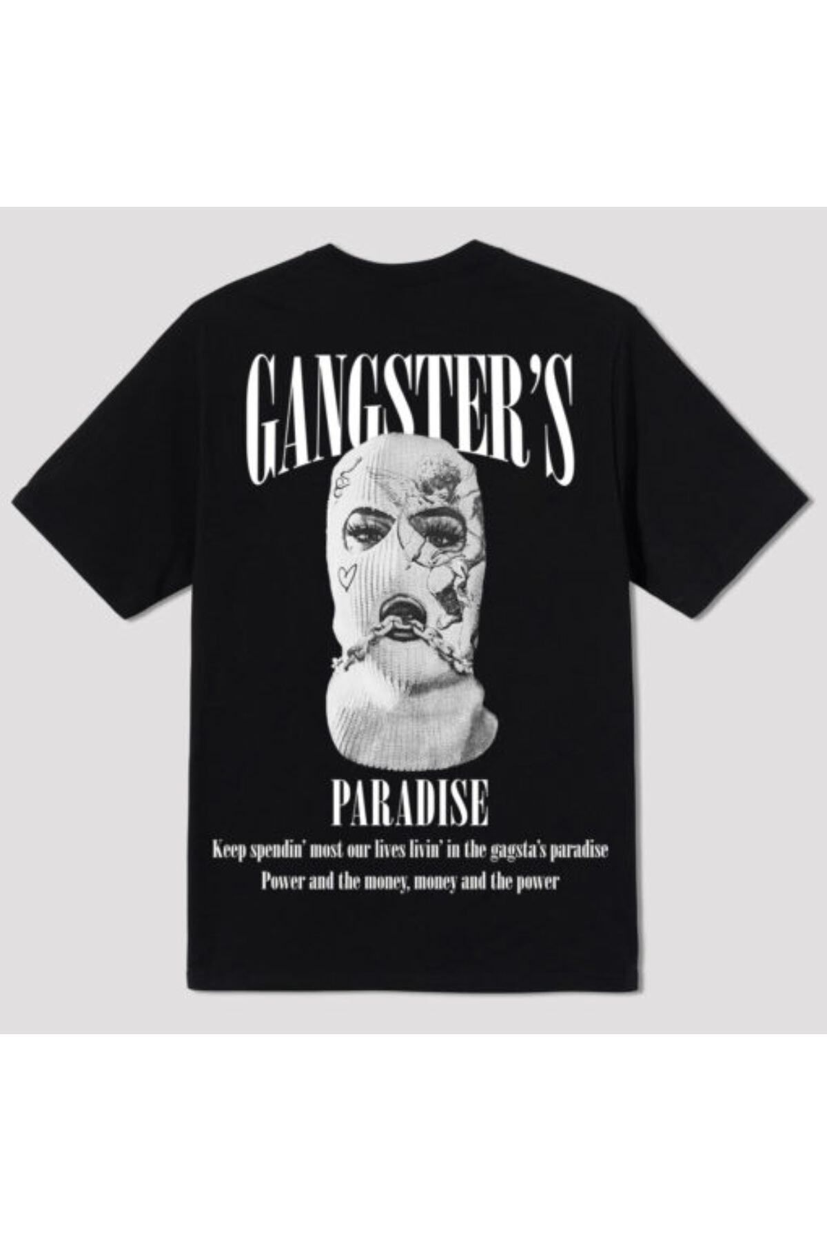 GIANTSTORE Erkek Siyah Gangster's Baskılı Oversize Tshirt