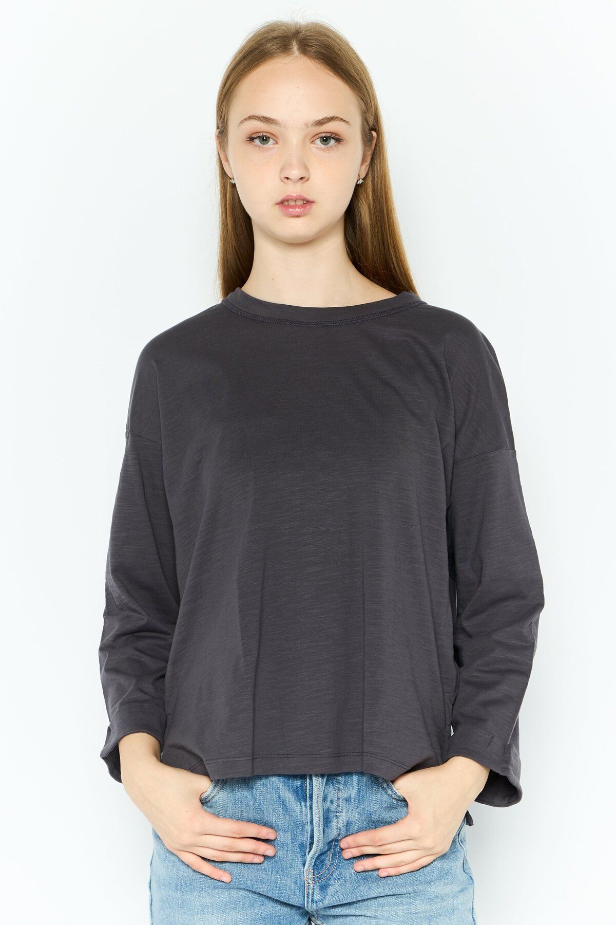 Esprit-بلوزات نسائية سادة بأكمام طويلة وياقة دائرية، لون فحمي 1