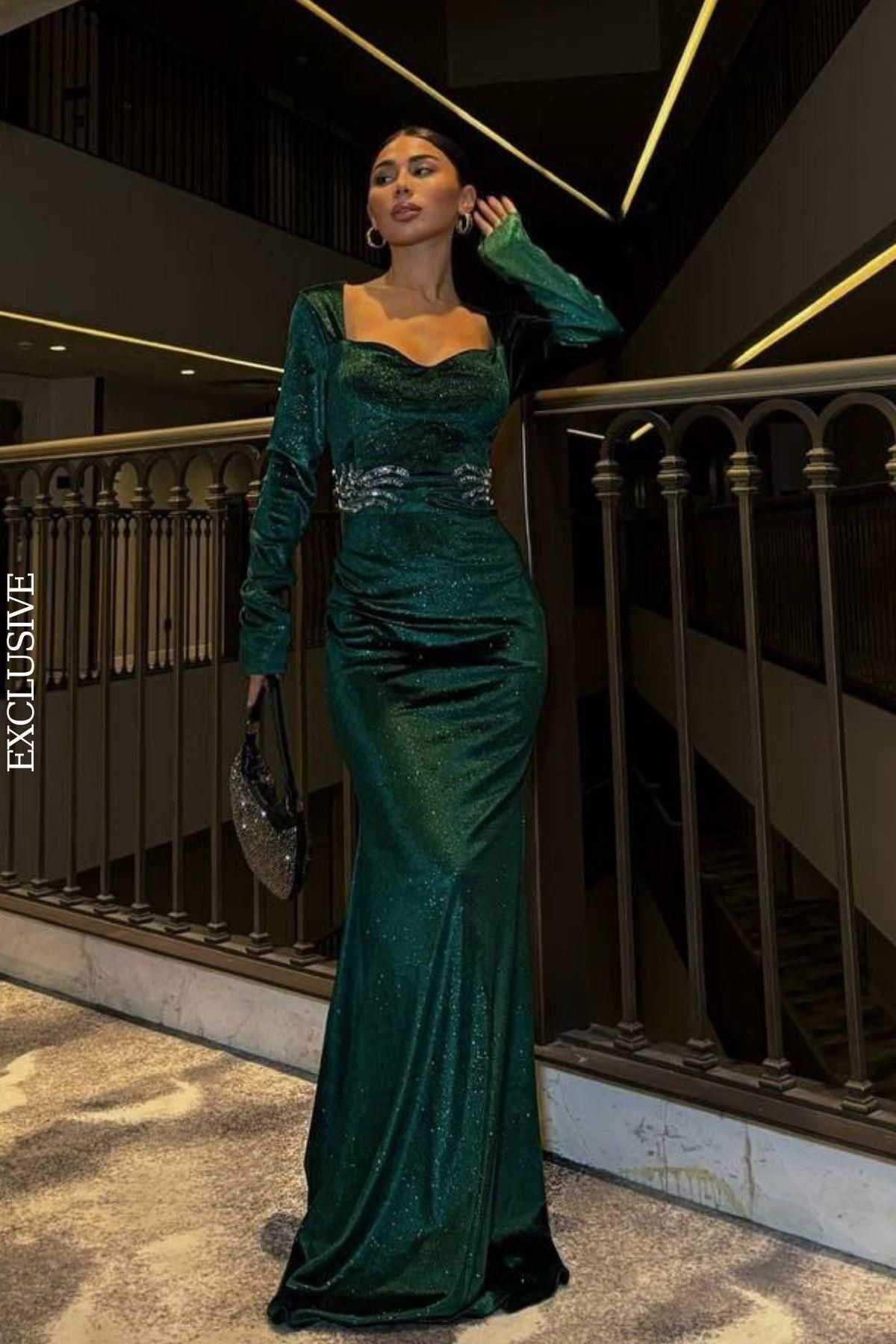 Mossta-Green Velvet Evening Dress - Long Sleeve and Stone Detail Glitter 1