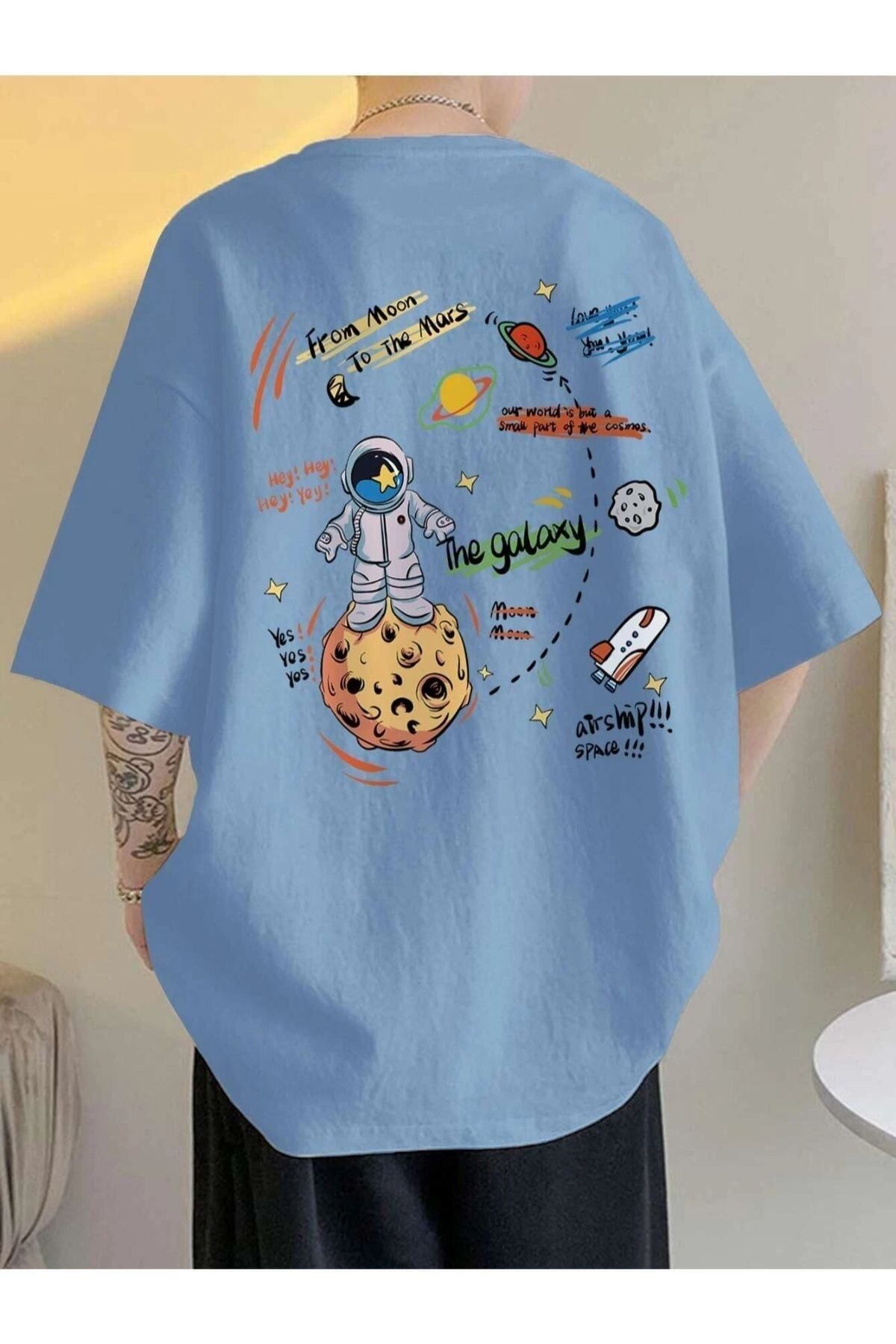 GIANTSTORE Unisex Mavi The Galaxy Gezegen Baskılı Oversize Bisiklet Yaka Tshirt