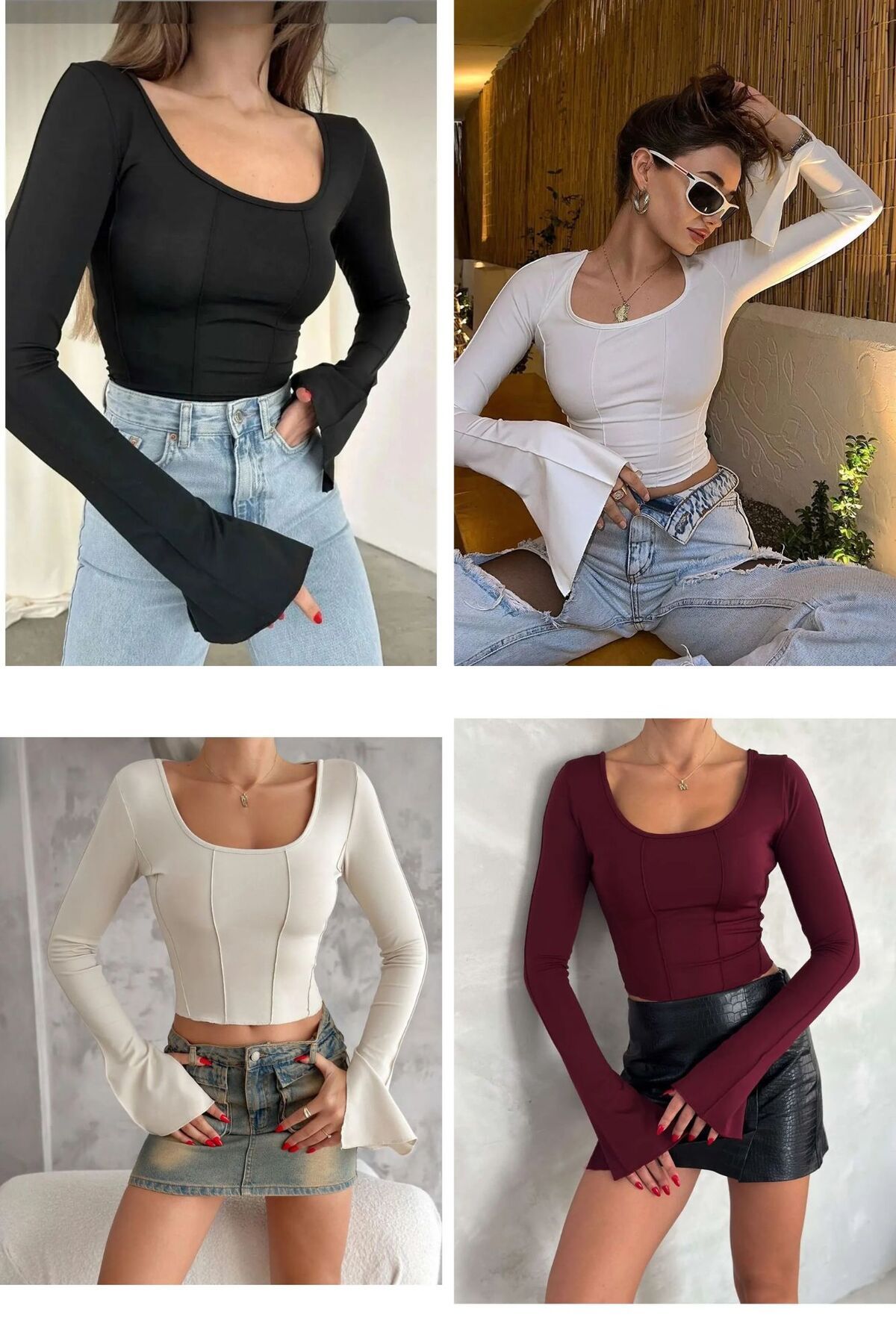 ALLEYTA Kadın Siyah Beyaz Bordo Krem 4'lü  İspanyol Kol Detaylı Basic Crop Top