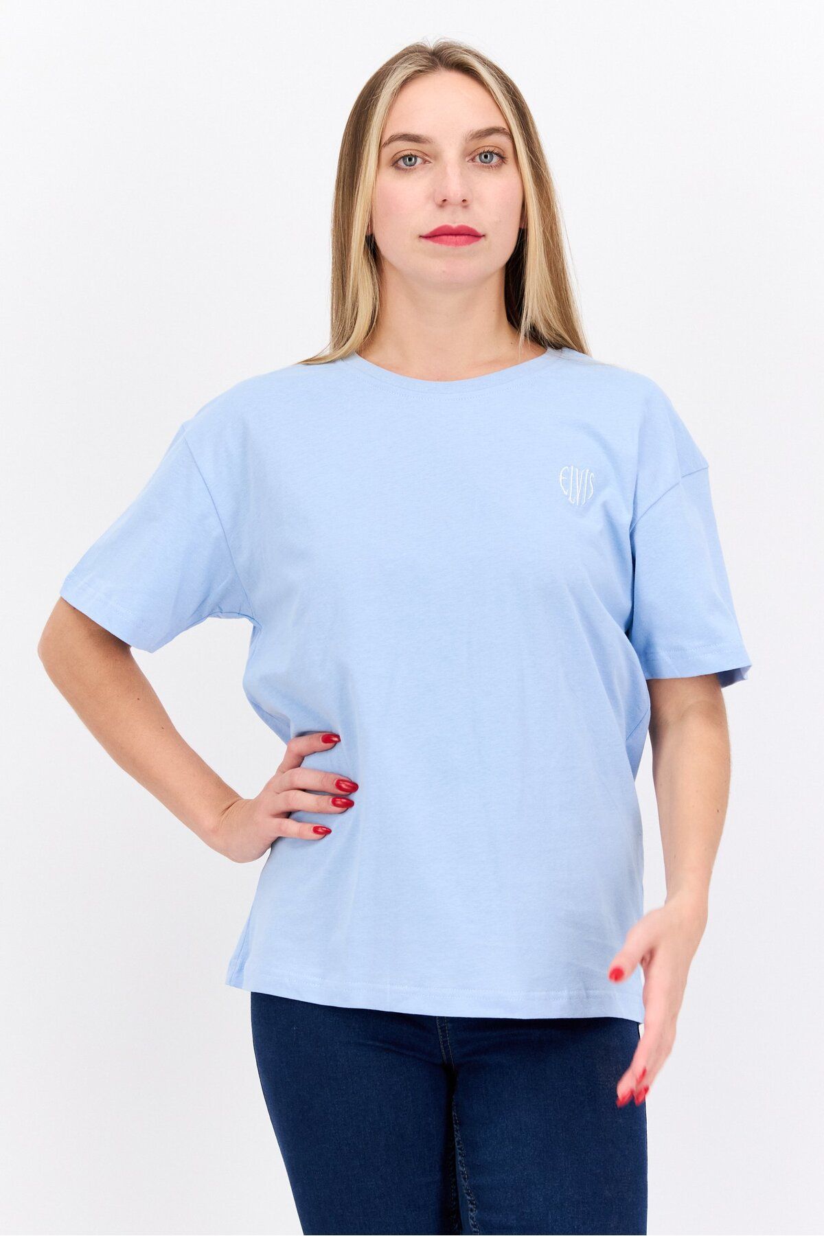 Elvis-Women Round Neck Short Sleeve Embroidered Logo T-shirt, Light Blue 1