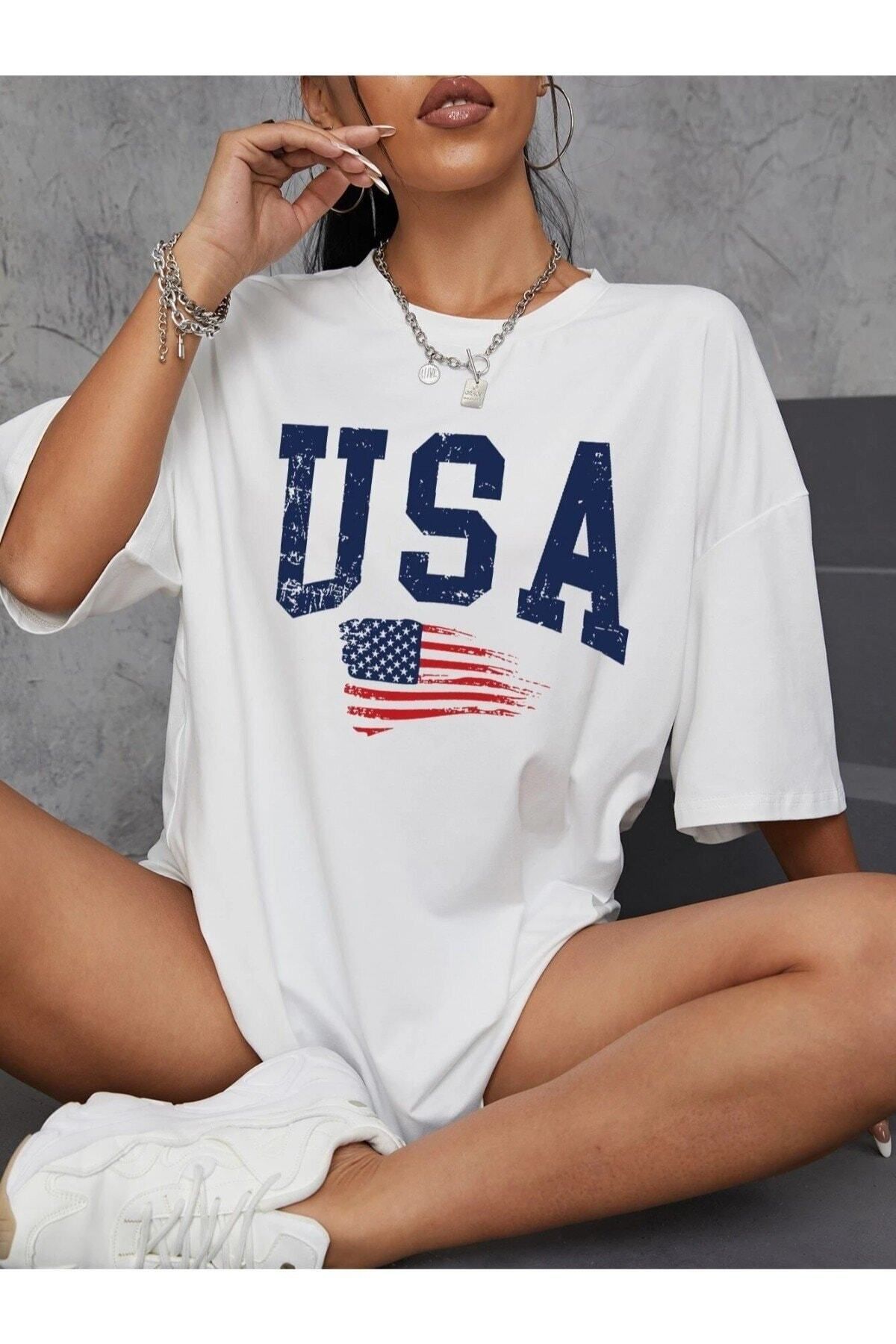 GIANTSTORE Kadın Beyaz Usa Baskılı Oversize Bisiklet Yaka Tişört