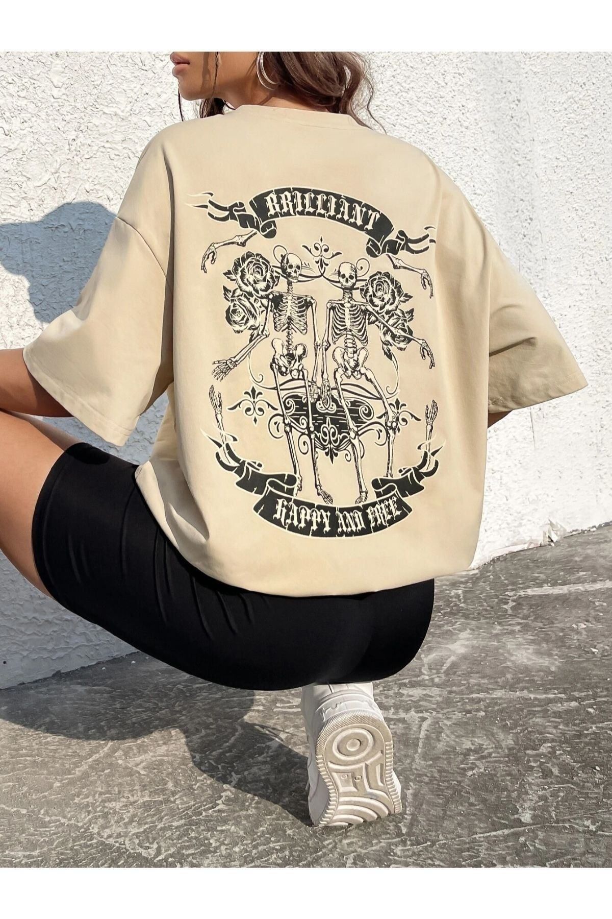 GIANTSTORE Kadın Bej Brılıant Baskılı Oversize Bisiklet Yaka Tişört