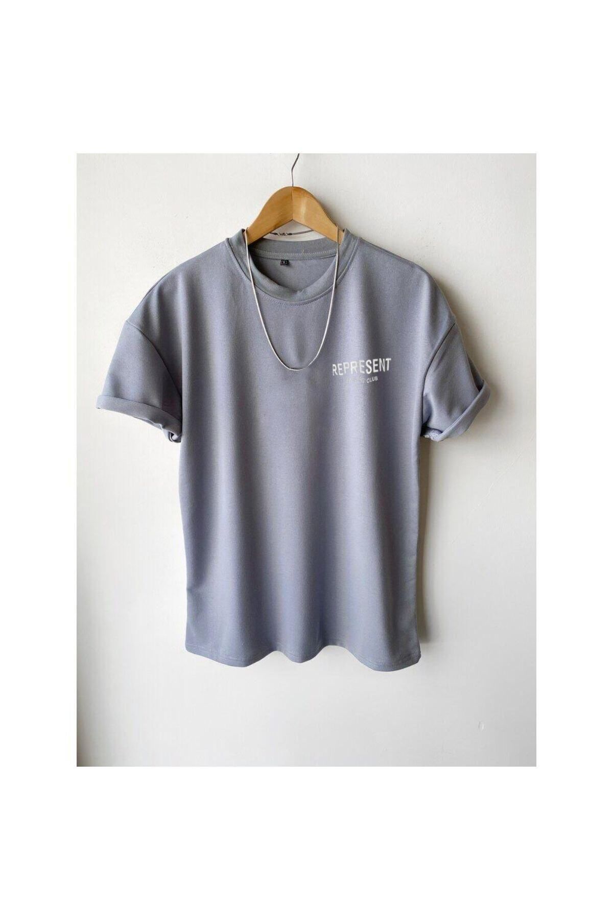 GIANTSTORE Erkek Gri Represent Baskılı Bisiklet Yaka Oversize Tshirt