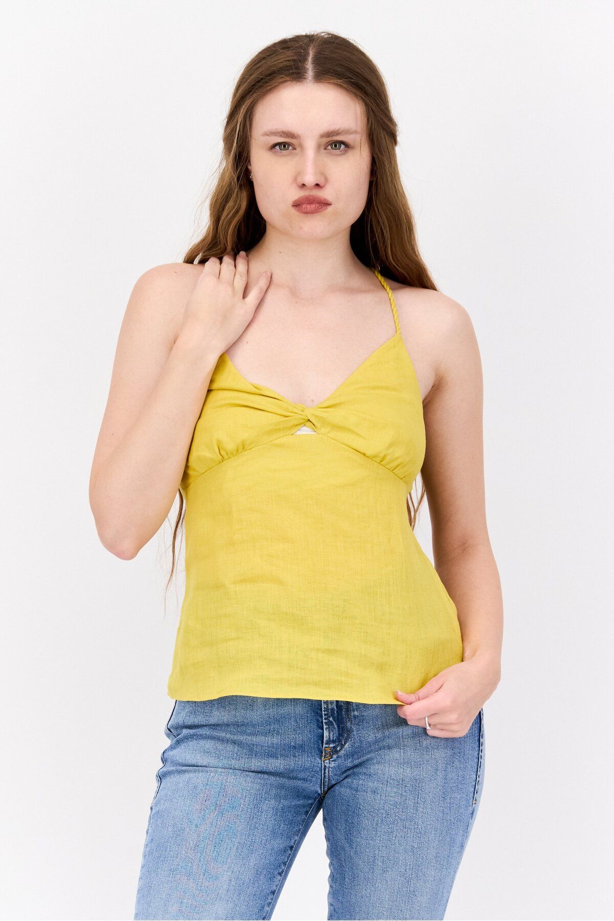 Scotch & Soda-Women V-Neck Sleeveless Plain Top, Yellow 1