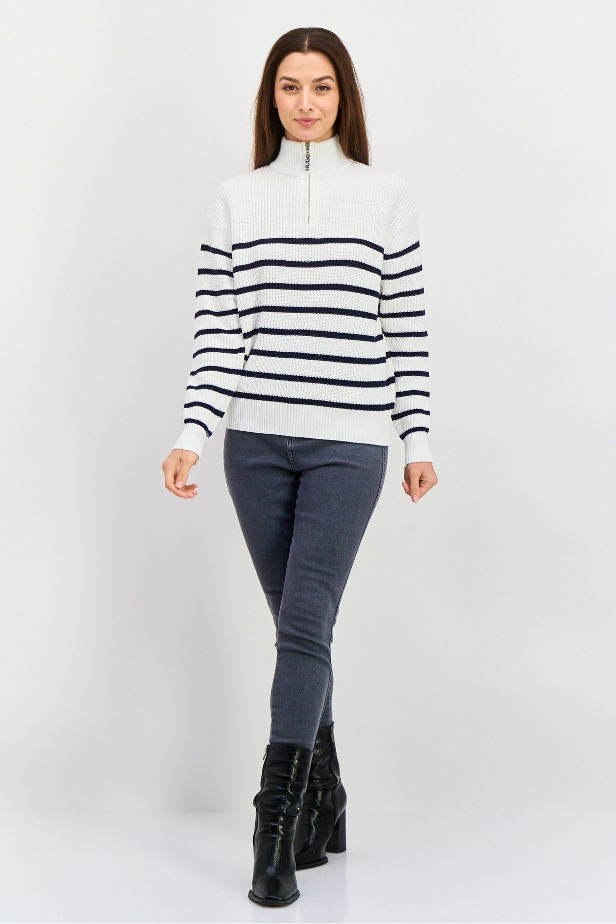 Hugo by Hugo Boss-Women High Sleeve Stripe Sweater, White 3