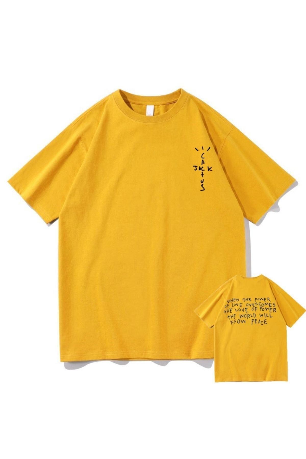 GIANTSTORE Erkek Sarı Cactus Jack Baskılı Oversize Bisiklet Yaka Tshirt