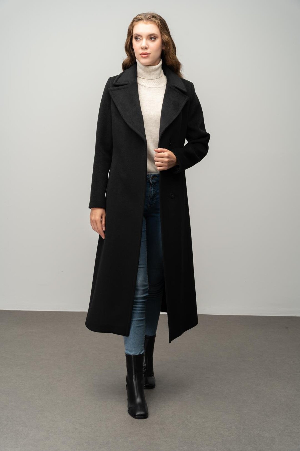 Olcay  Çıt Çıt Kapamalı Belden Bağlamalı Exclusive Kaban SİYAH 3057 - Görsel 7