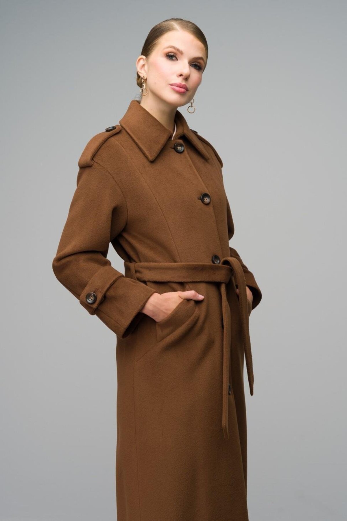 Olcay  Gömlek Yaka Apolet Detaylı Oversize Uzun Kaban TÜTÜN 3064 - Görsel 6