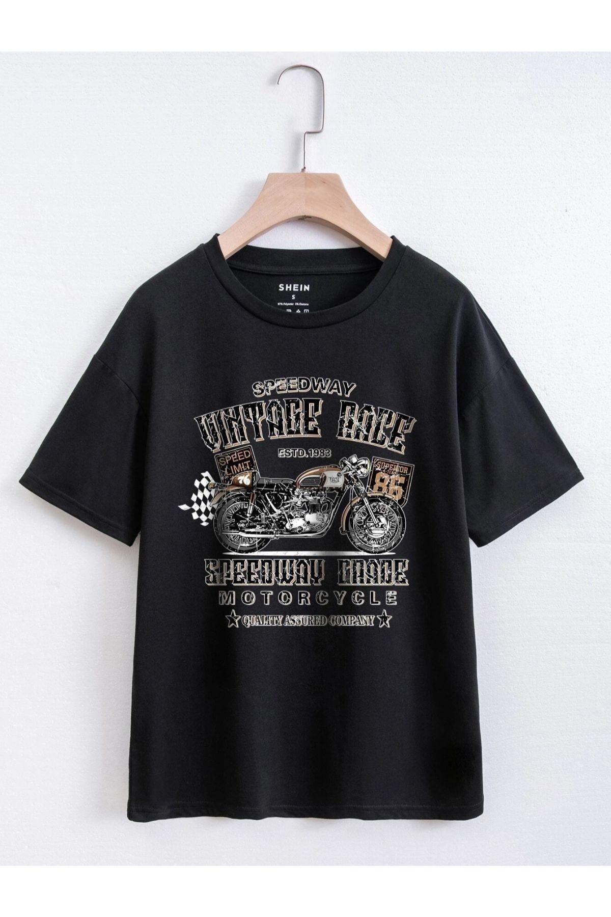 GIANTSTORE Kadın Siyah Vintage Race Baskılı Oversize Bisiklet Yaka Tshirt