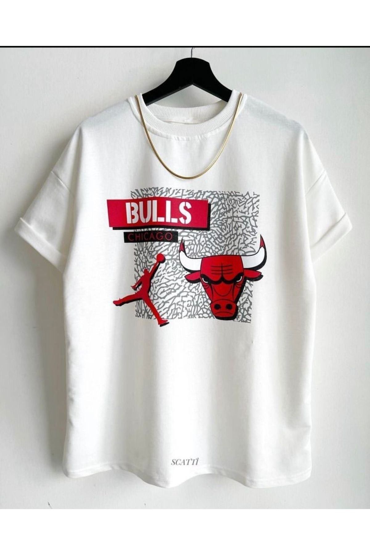 GIANTSTORE Erkek Beyaz Kırmızı Baskılı Bulls Oversize Bisiklet Yaka T-shirt