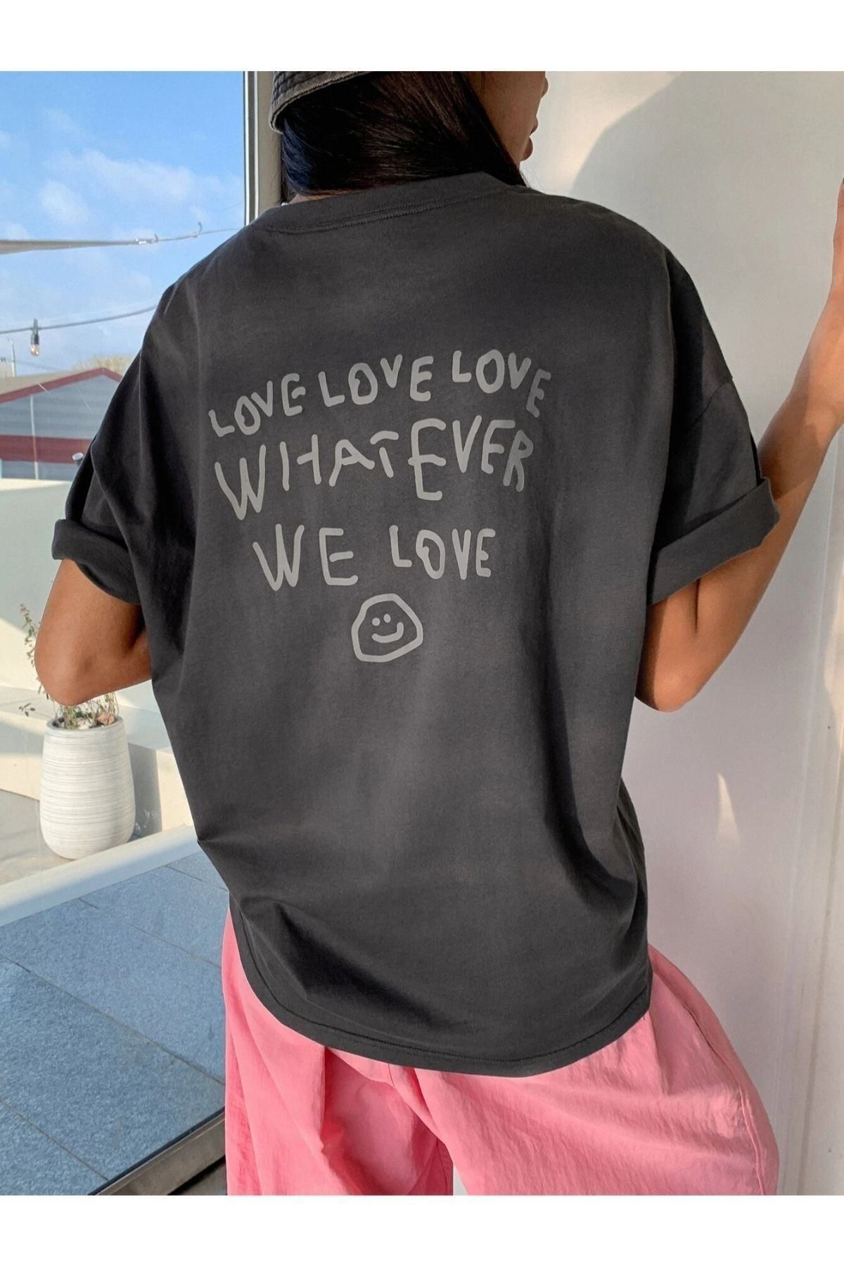 GIANTSTORE Kadın Antrasit Love Love Love Baskılı Oversize Bisiklet Yaka Tshirt