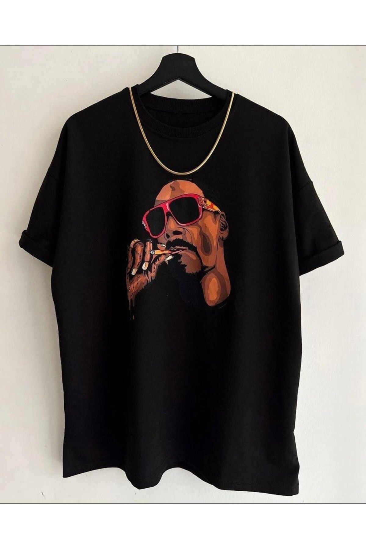 GIANTSTORE Erkek Siyah Snoop Dog Baskılı Oversize Bisiklet Yaka Tişört