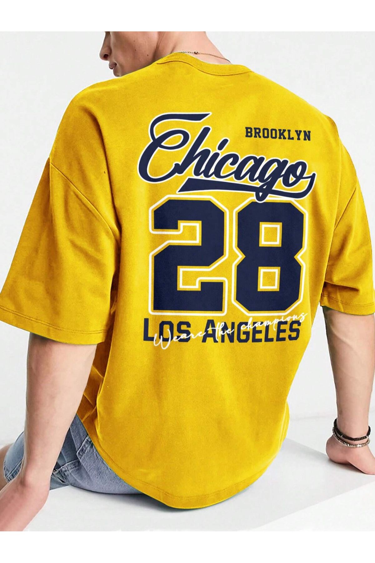 GIANTSTORE Chicago 28 Baskılı Oversize Sarı Erkek Tişört