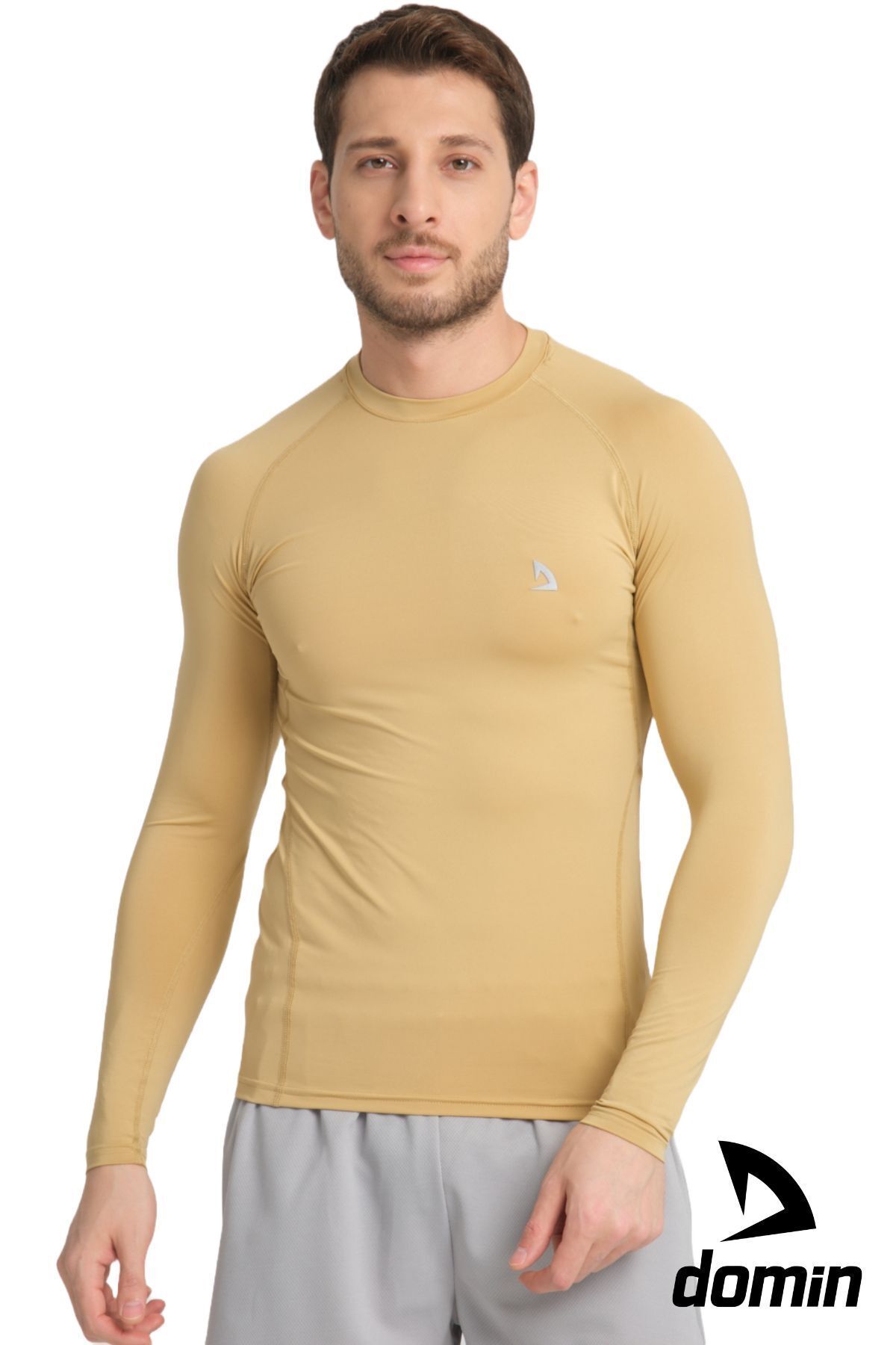 DOMİN SPOR-Men's Long Sleeve Gold Beige Lycra Fit Compression Sports Body Tshirt 1