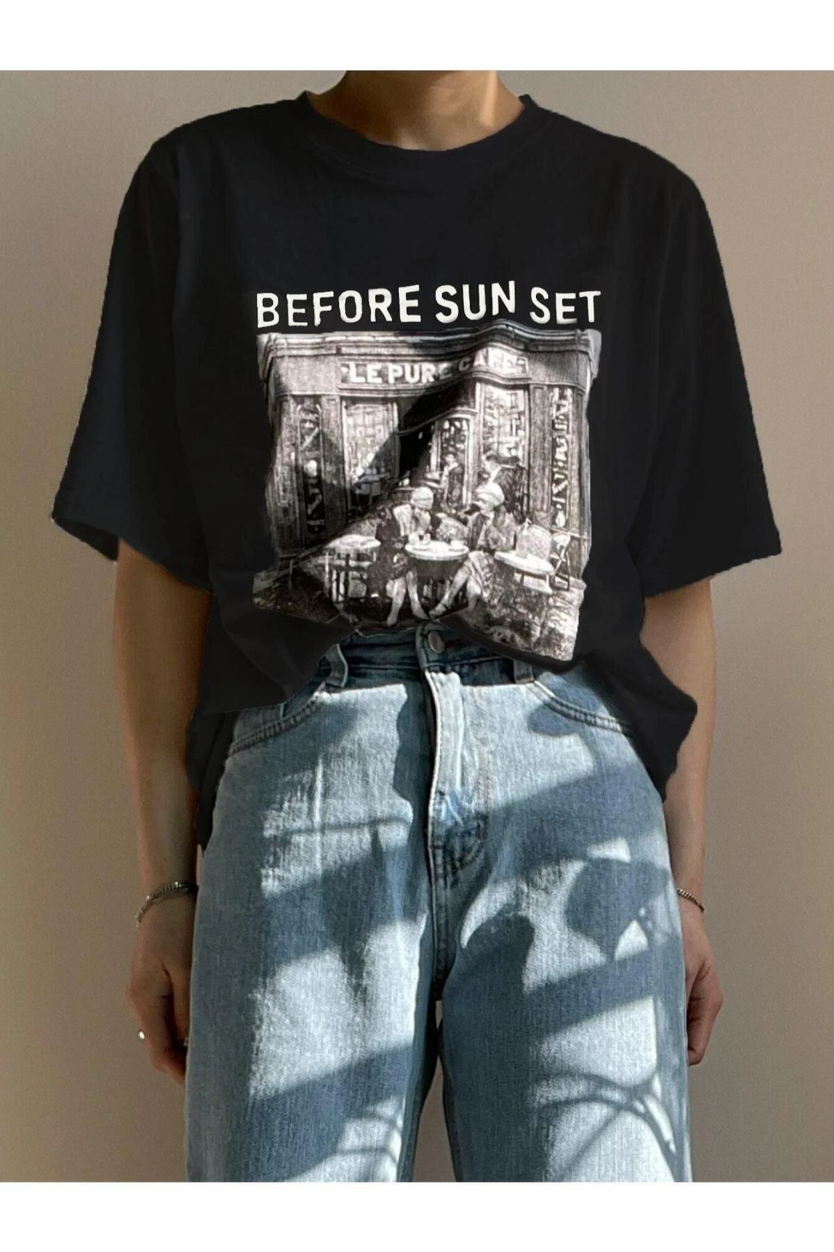 GIANTSTORE Kadın Siyah Before Sunset Baskılı Oversize Bisiklet Yaka Tshirt