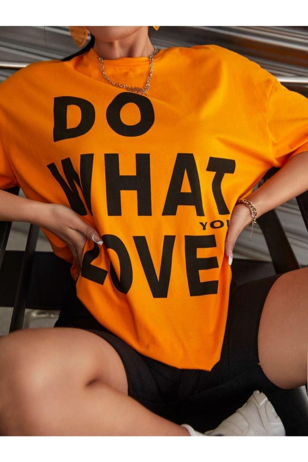GIANTSTORE Kadın Turuncu Do What You Love Baskılı Oversize Bisiklet Yaka T-shirt