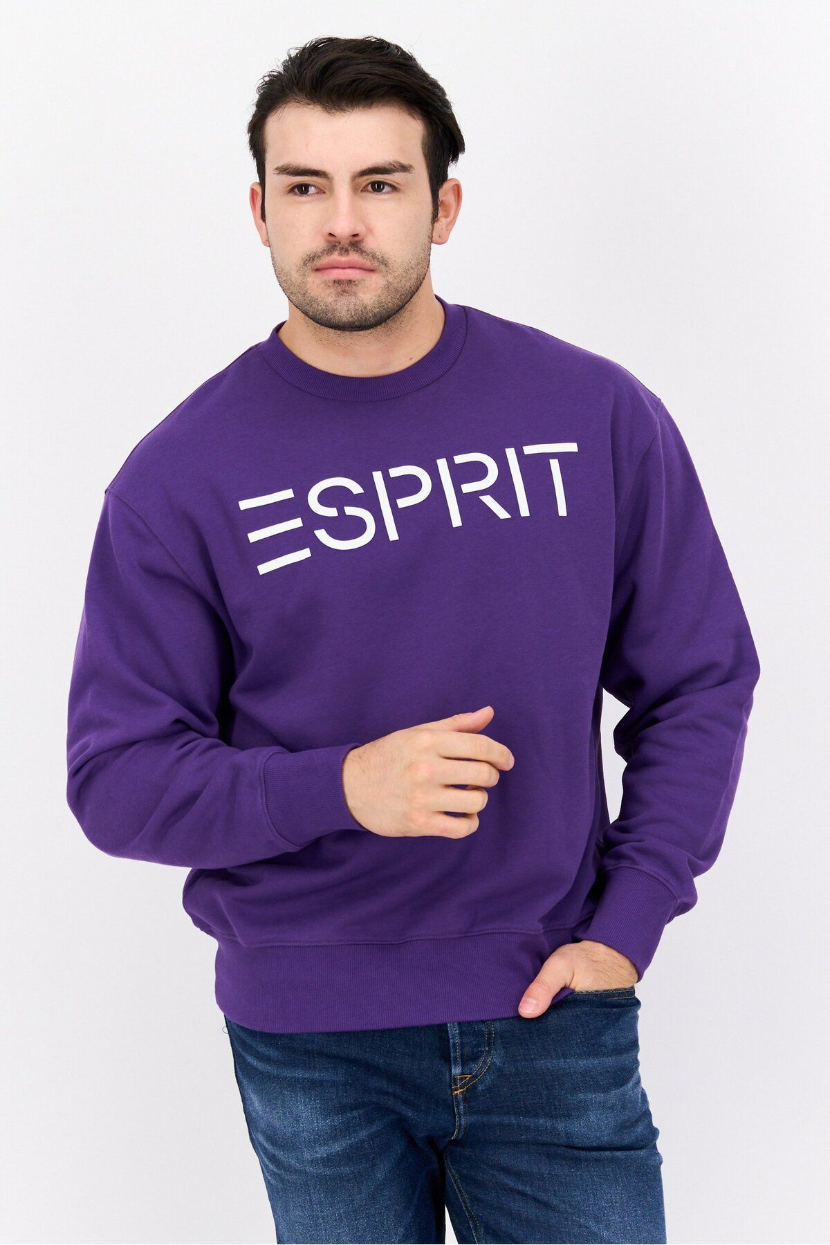 Esprit-سويت شيرت رجالي بشعار العلامة التجارية بأكمام طويلة وياقة دائرية، أرجواني 1