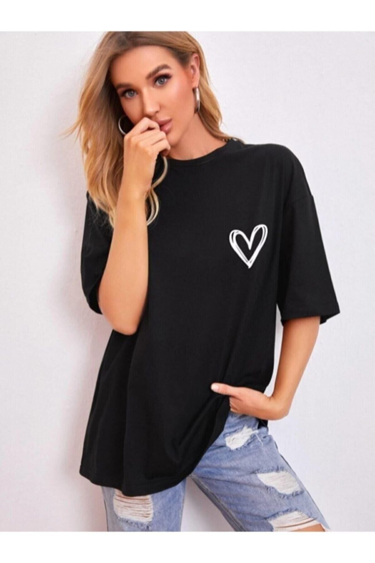 GIANTSTORE Kadın Siyah Kalp Bisiklet Yaka Tshirt