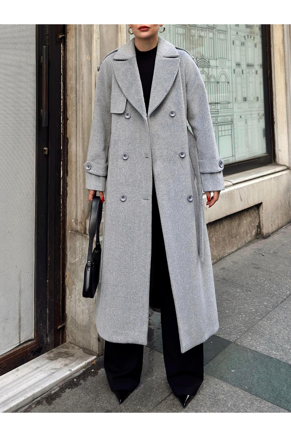 Olcay  Apolet ve Pelerin Detaylı Reglan Kol Kruvaze Kaban A.GRİ 3045 - Görsel 5