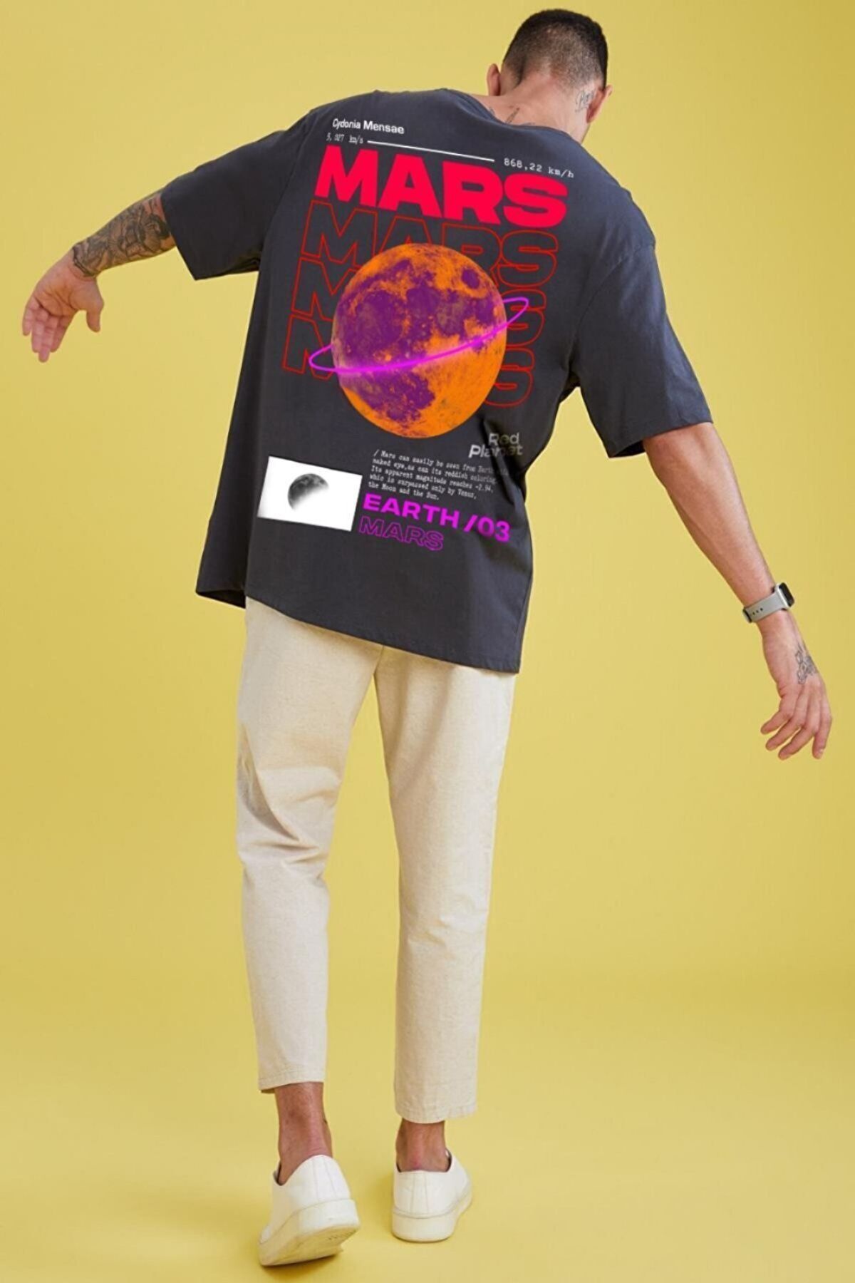 GIANTSTORE Erkek Füme Mars Baskılı Oversize Tshirt