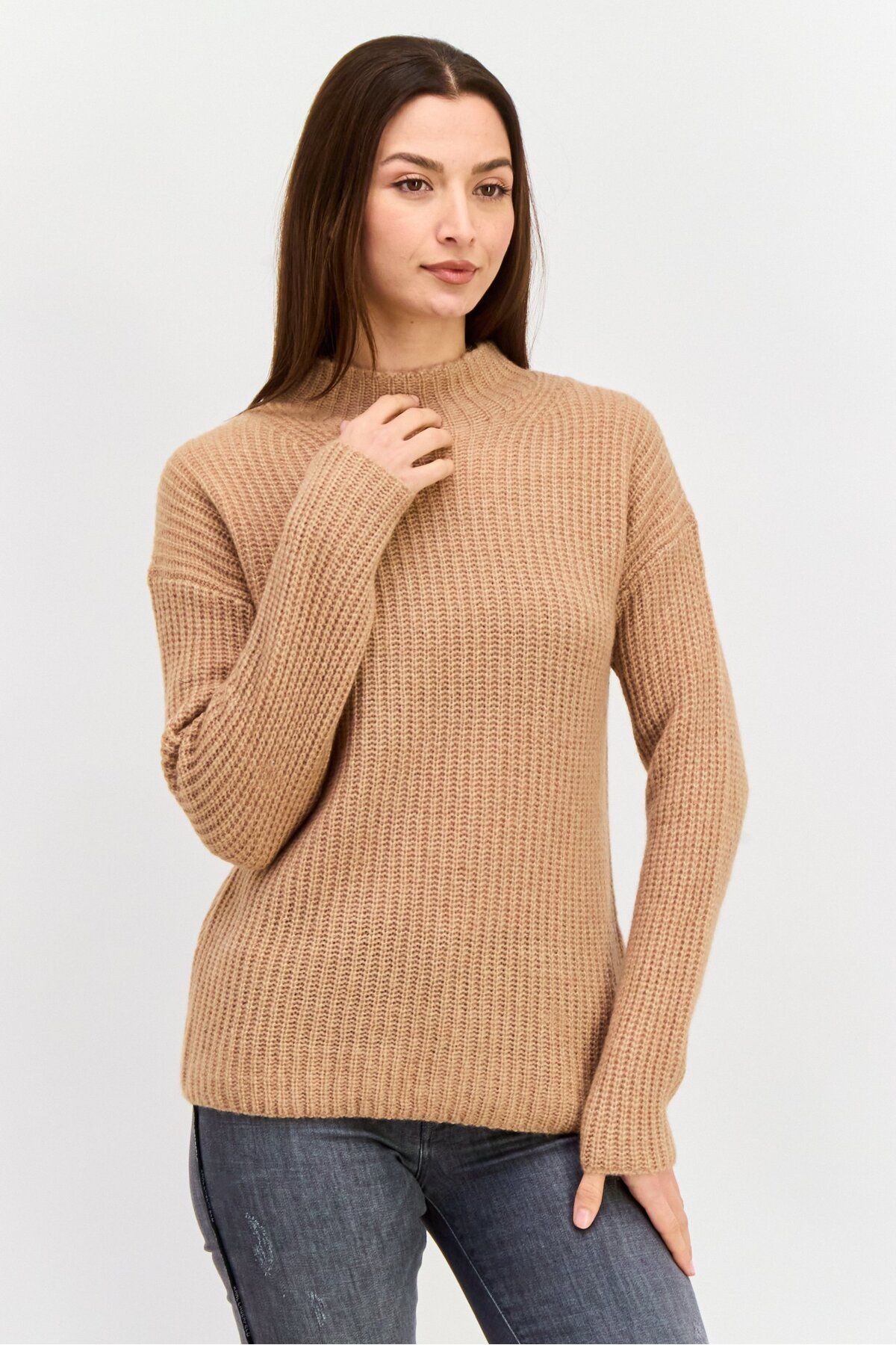 Hugo Boss-Women Mock Neck Knitted Sweater, Brown 1