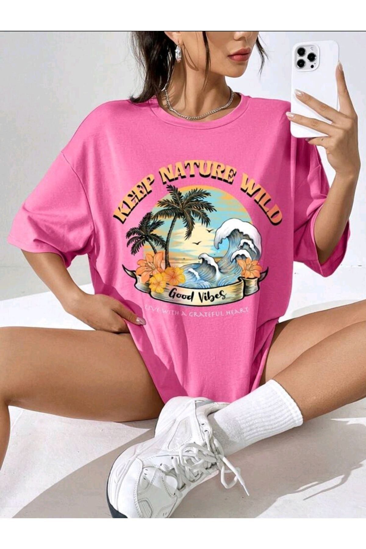 GIANTSTORE Kadın Pembe Keep Nature Wild Baskılı Oversize Bisiklet Yaka Tshirt