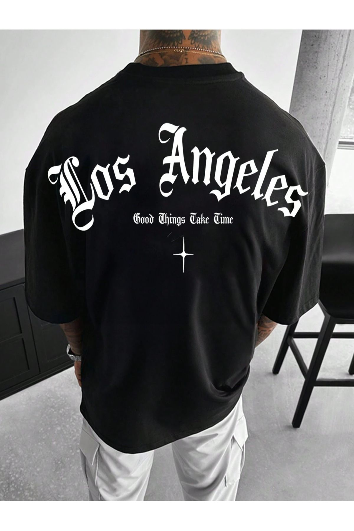 GIANTSTORE Los Angeles Good Baskılı Oversize Siyah Erkek Tişört