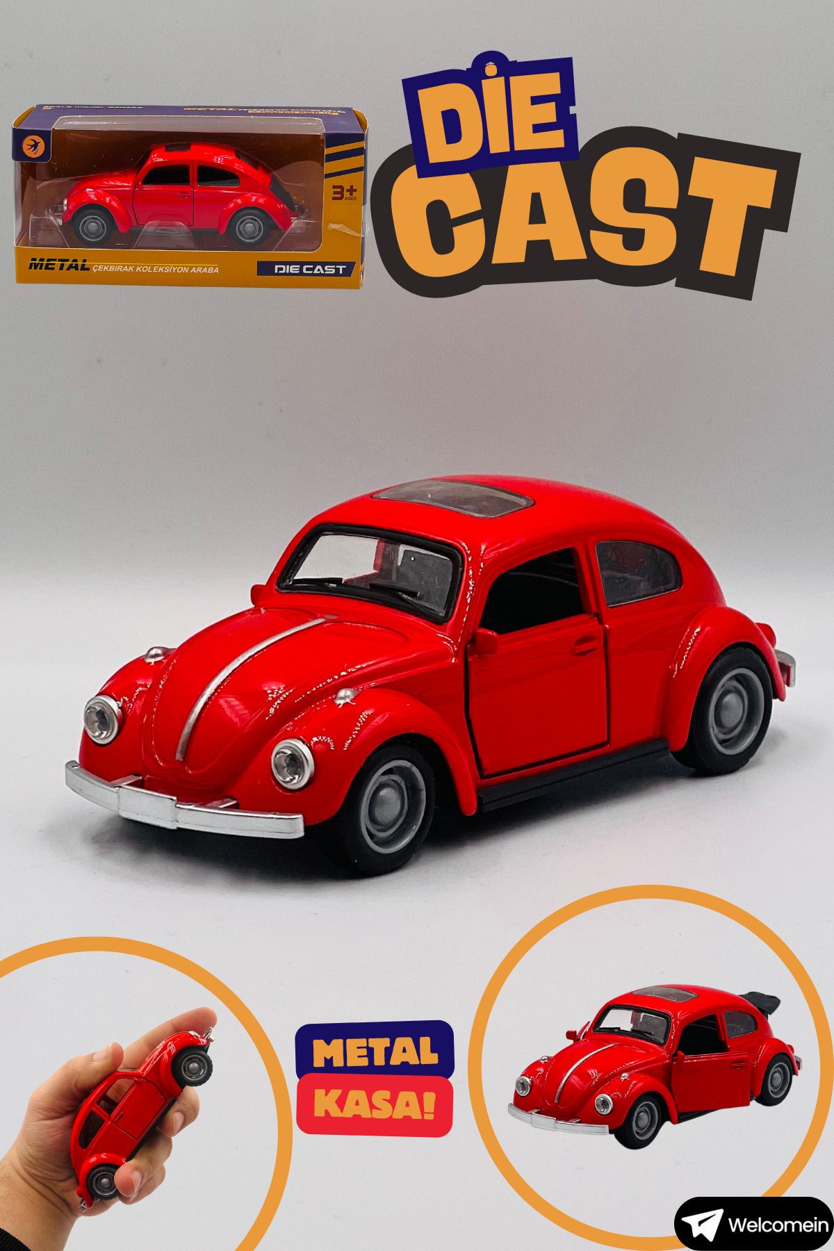 welcomein Oyuncak Kırmızı Vos Vos Volkswagen Beetle 1955 Çek Bırak Kutulu Metal Die Cast Kapıları Açılan Araba