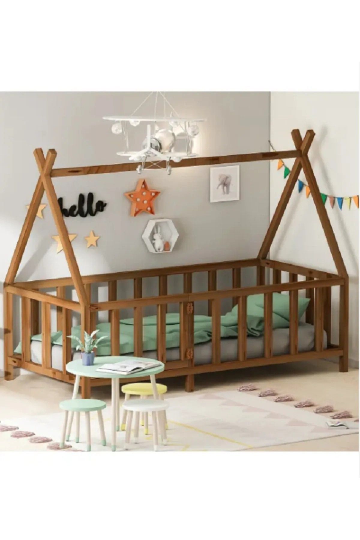 BRK Design MONTESSORİ CEVİZ KAPILI ve ÇATILI ÇOCUK YATAĞI