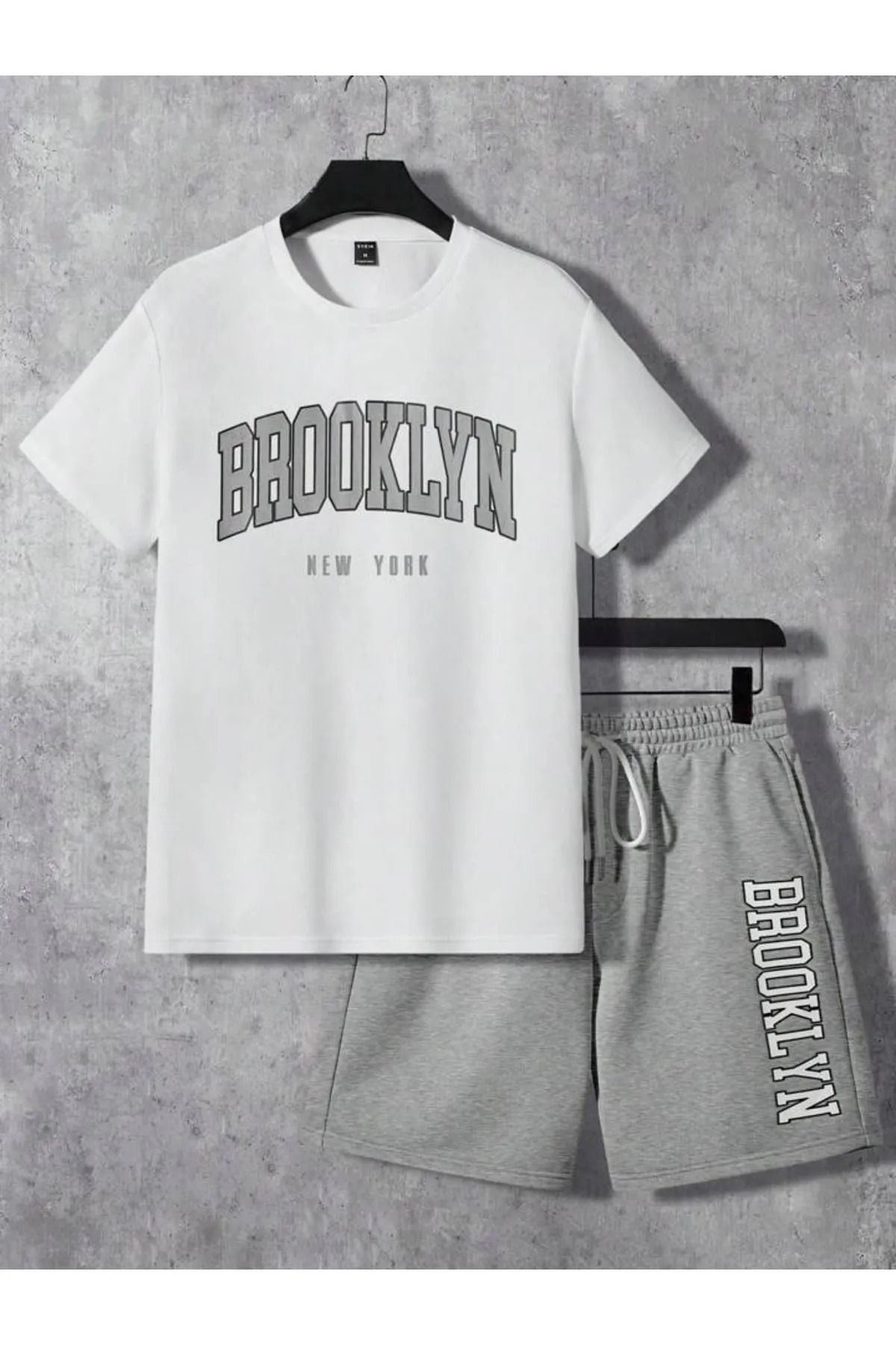 Wish BF Brooklyn Şort T-Shirt - Beyaz Gri Baskılı Alt Üst Takım Bisiklet Yaka