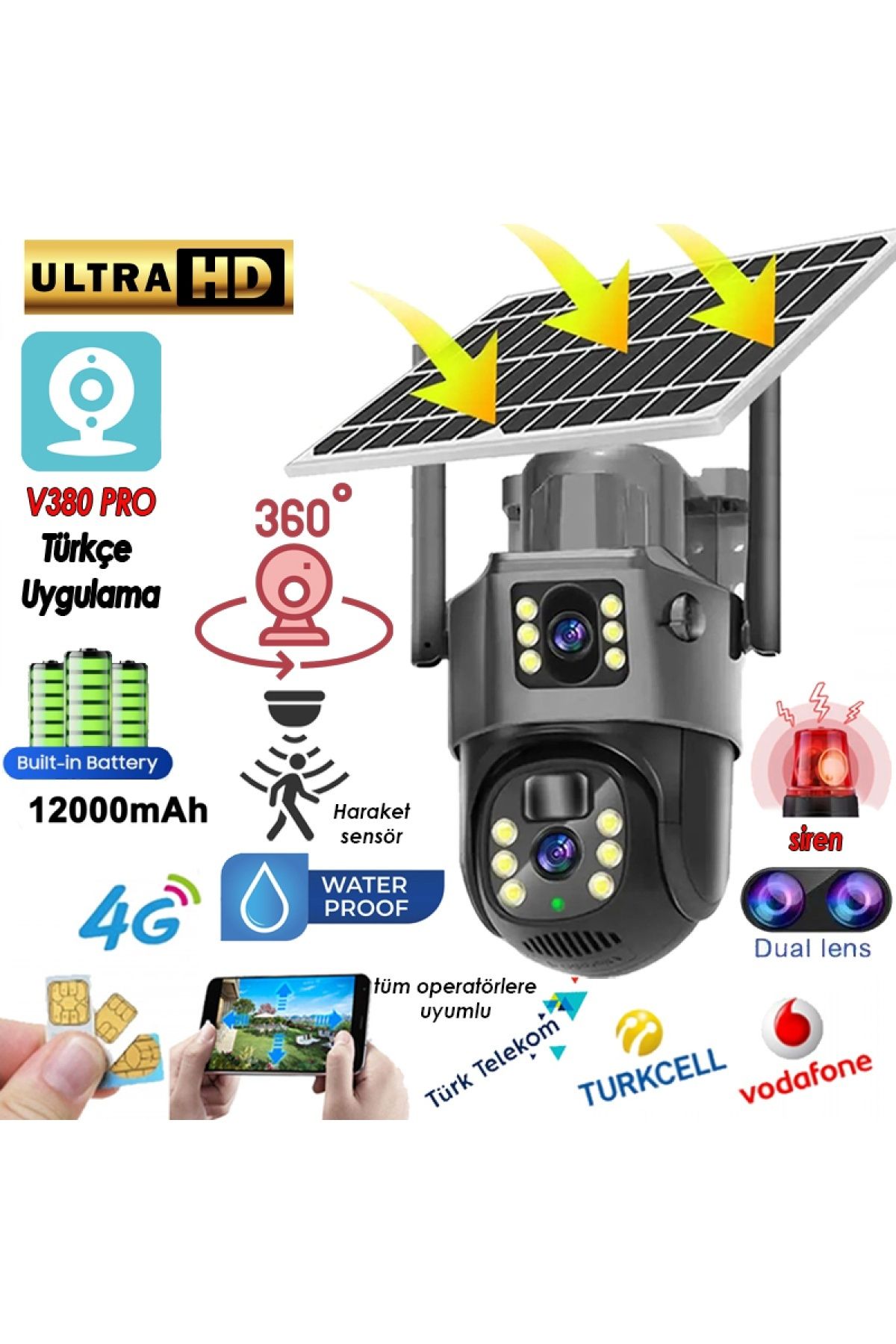 jetucuzal 3+3MP MPIA-MKA 4K 4G Sim Kartlı Güneş Panel Dual Lens Solar 12000mAH Alarmlı Mikrofon 360PTZ KAMERA