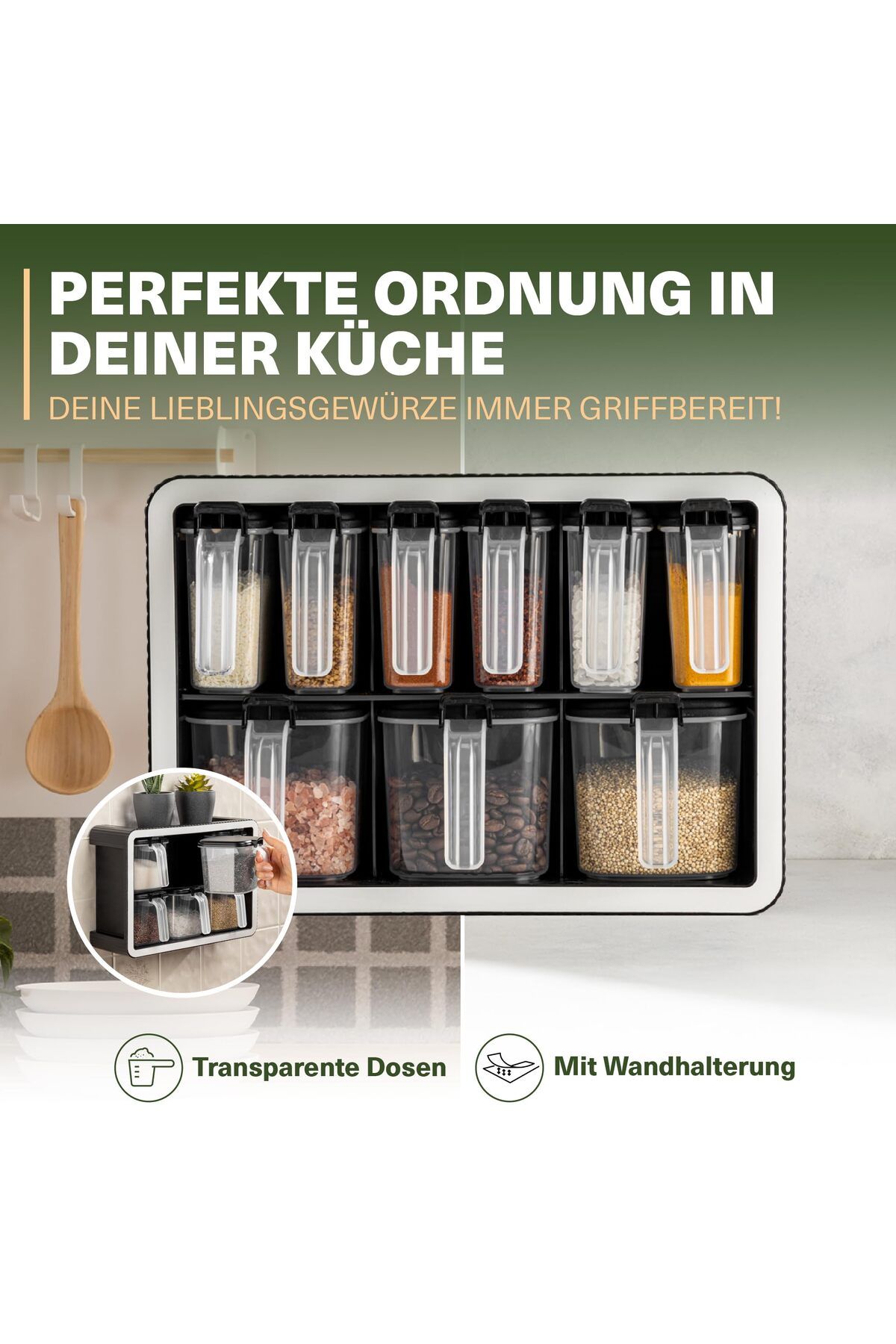 Viwares-Gewürzdosen 12er Set mit Wandhalterung und Löffeln, Luftdicht, BPA-frei, Transparent 3