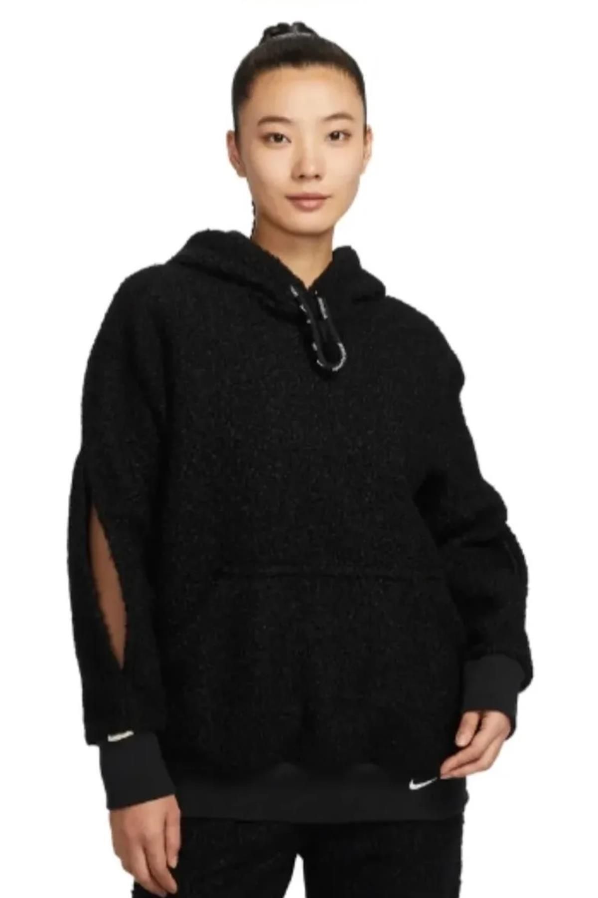 Nike Sportswear Collection Sherpa Oversize Hoodie Kadın Kapüşonlu Şerpa Peluş Sweatshirt Siyah