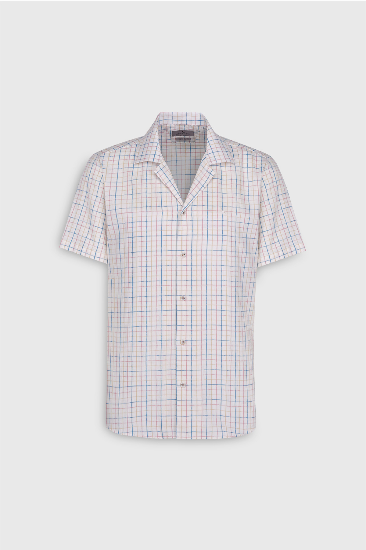 Erkek Ekru-Mavi Slim Fit Dar Kesim %100 Pamuk Kuba Yaka Çizgili Gömlek