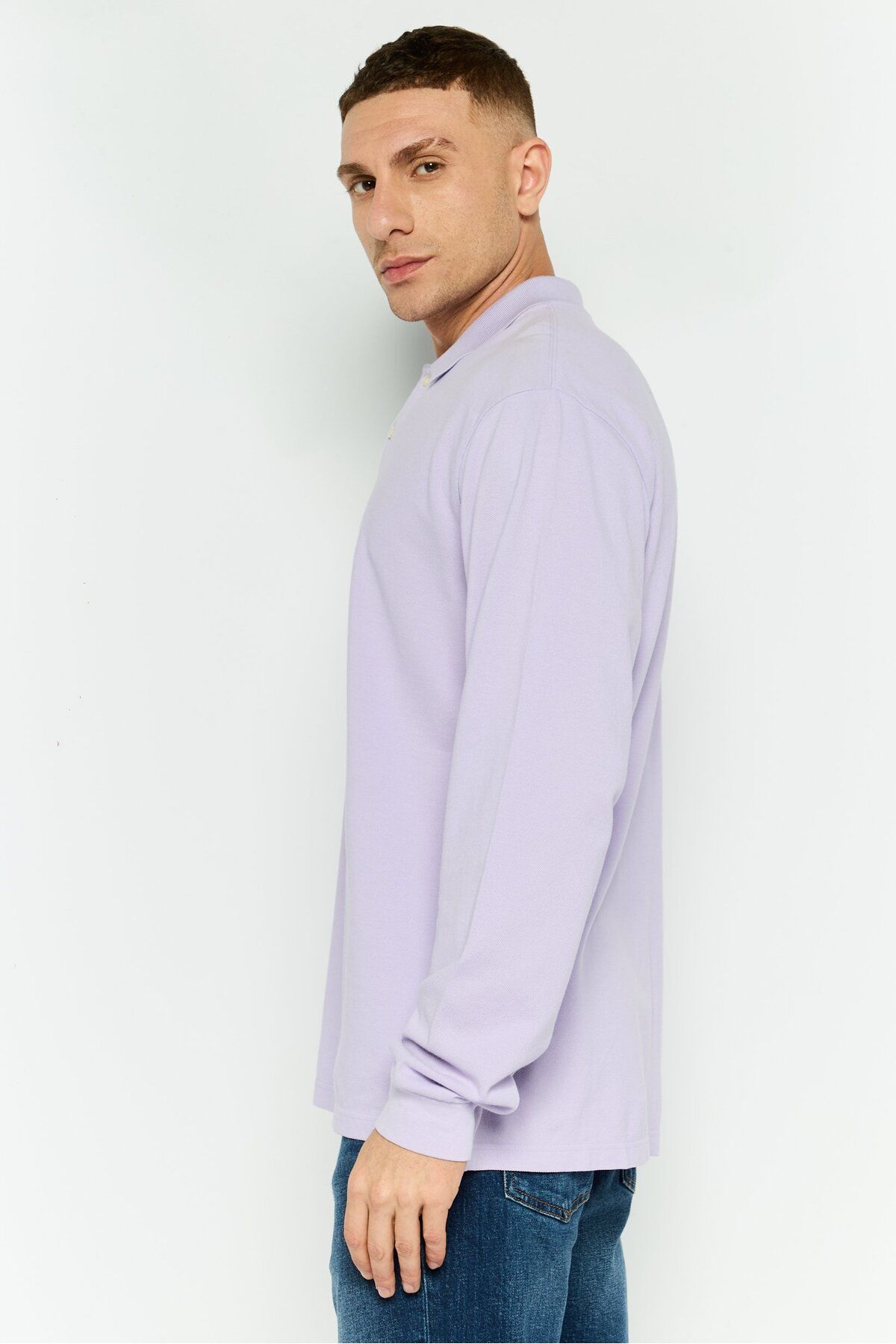 GAP-Men Regular Fit Textured Long Sleeves Polo Shirt, Light Purple 3