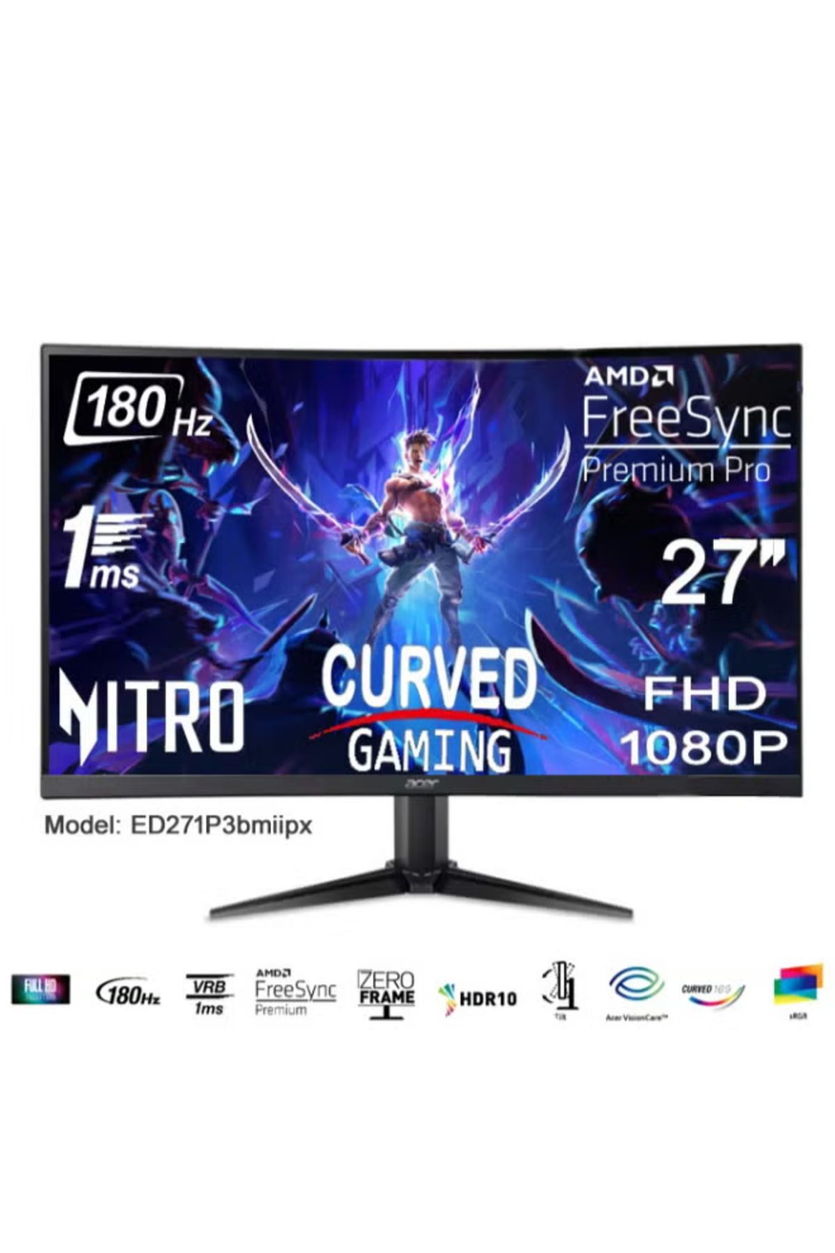 ACER-Nitro Gaming Monitor 27" Inch Curved, Full HD, 180Hz, ZeroFrame, 1ms, AMD FreeSync Premium, Black 1