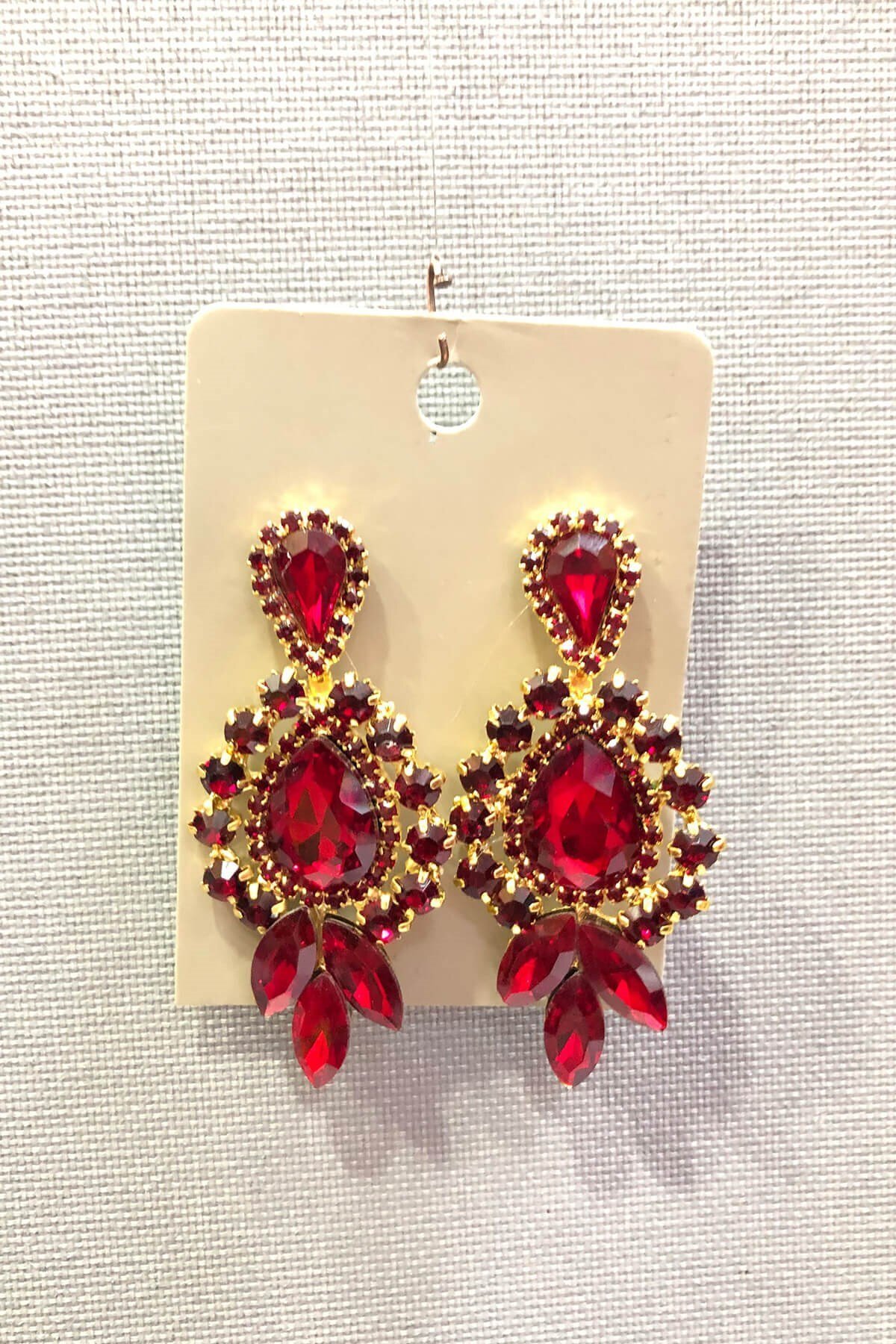 Hayalperest boncuk-Gold Yellow Oval Earrings with Red Crystal Stones 1