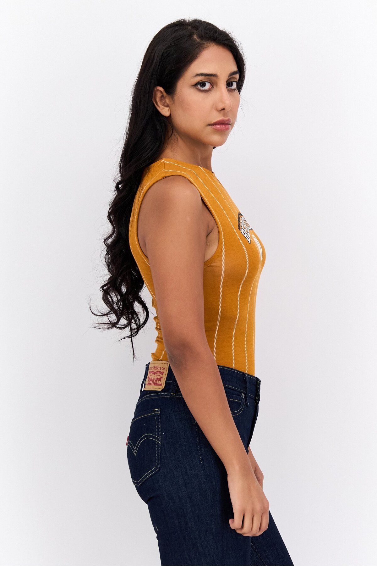 Undiz-Women Graphic Sleeveless Bodysuit, Mustard Combo 2