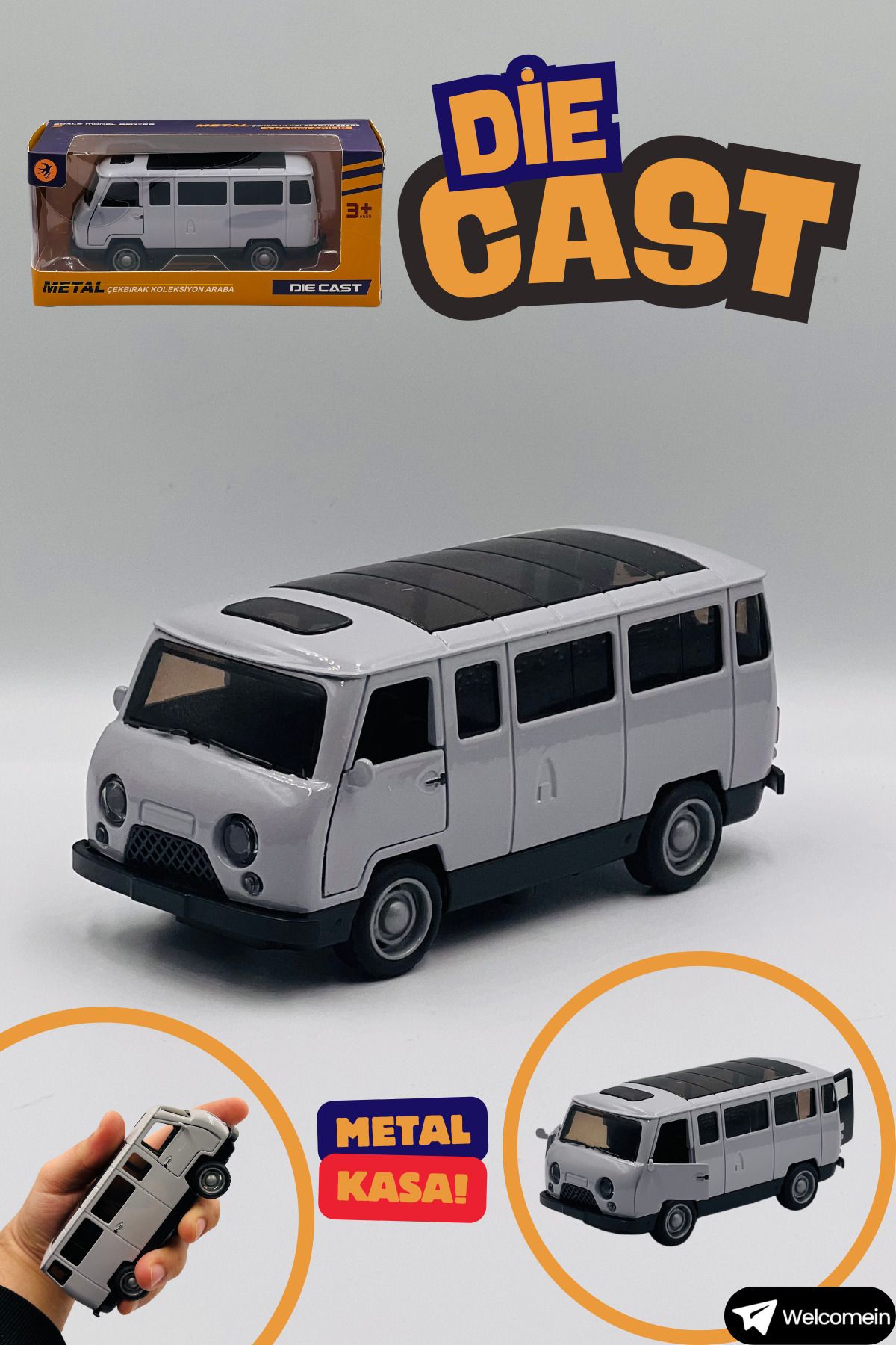 welcomein Oyuncak Gri Minivan Çek Bırak Kutulu Metal Die Cast Araba Kapıları Açılan Koleksiyonculara Özel