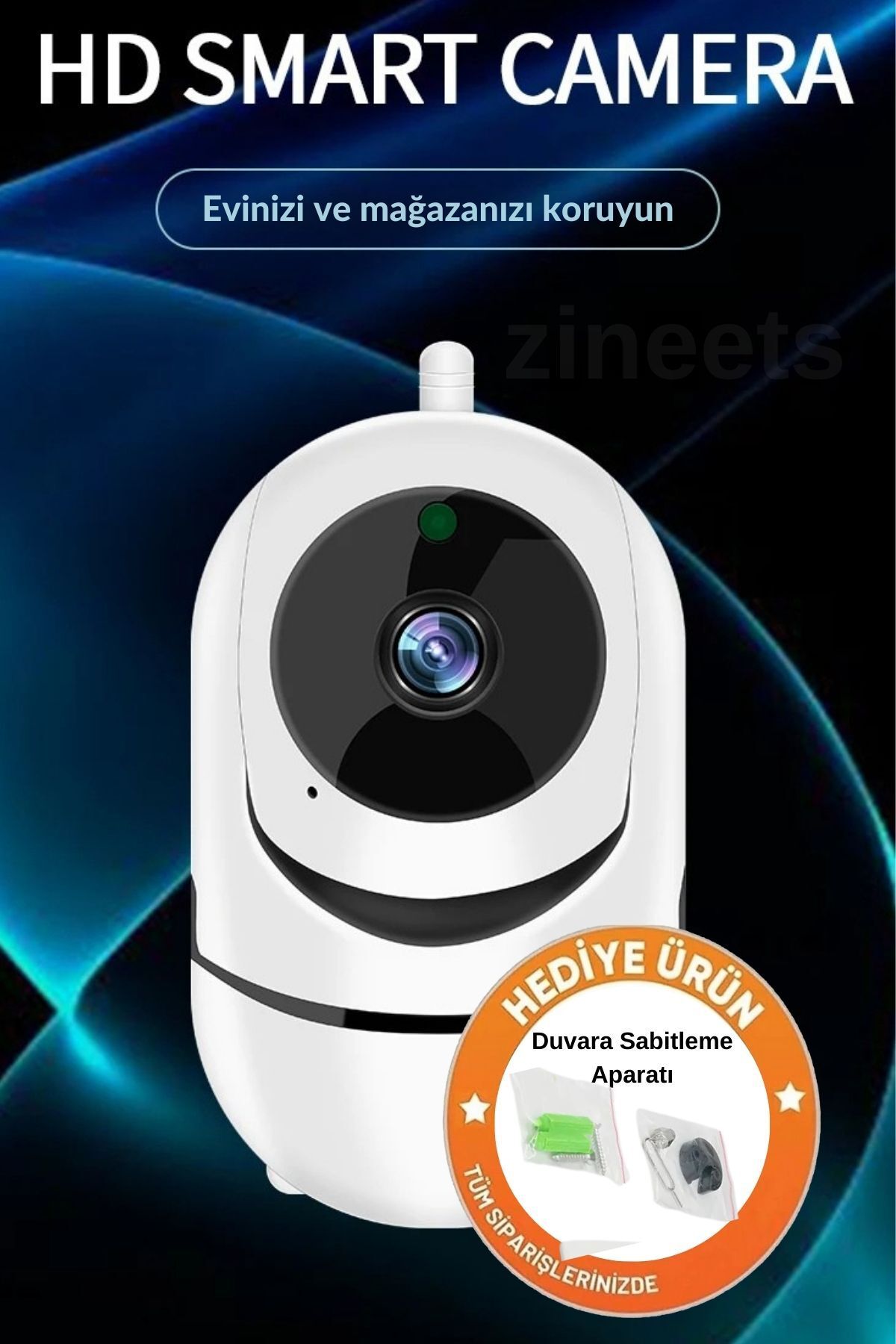 Zineets 1080p Fhd İç Mekan Wifi Smart Güvenlik Kamerası Hareket Tespit Ve Takibi 360D 9m Gece Görüşlü