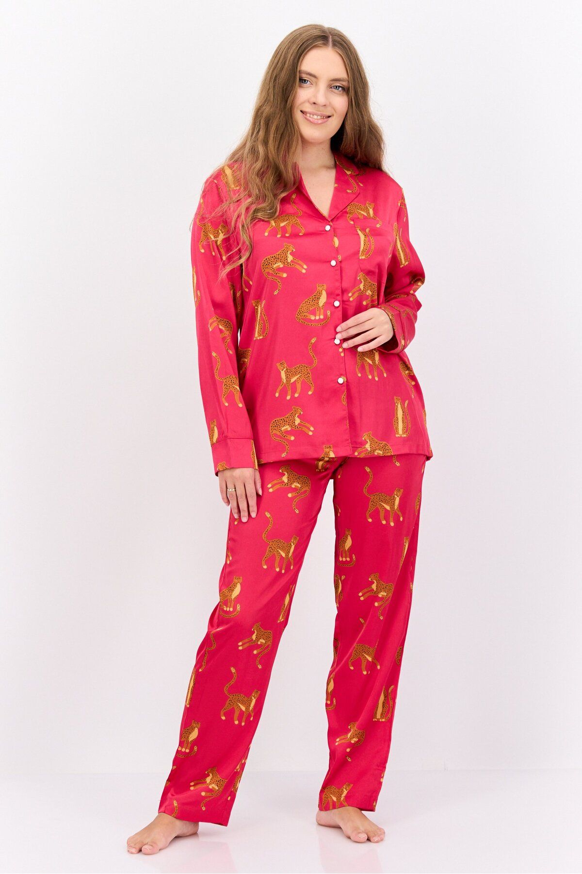 Bebe-Women 2 Pieces All Over Printed Pajama Set, Fuchsia Rose Combo 1