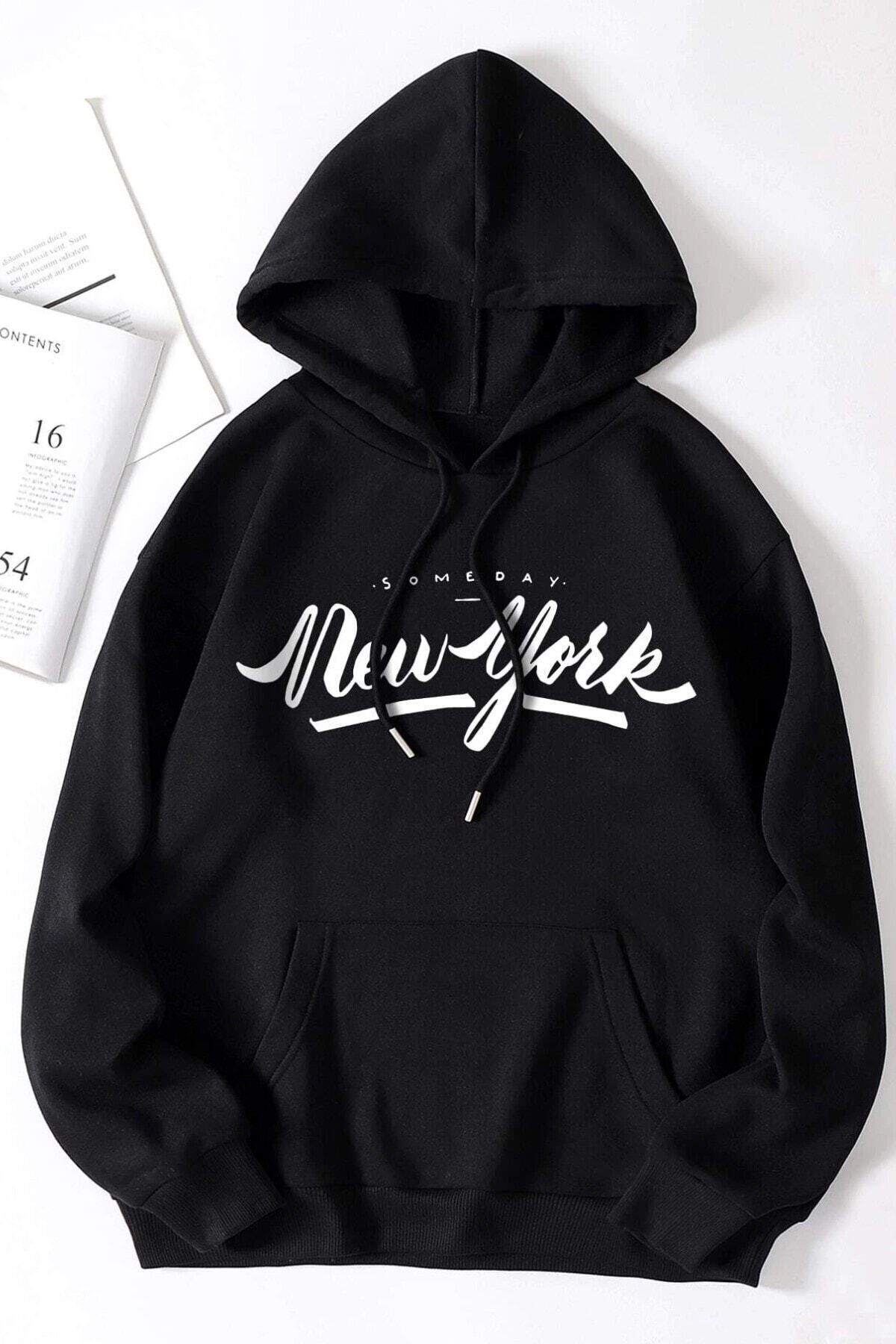 M&A ONE PİECE Unisex Oversize Siyah New York Baskılı Oversize Kapüşonlu Sweatshirt