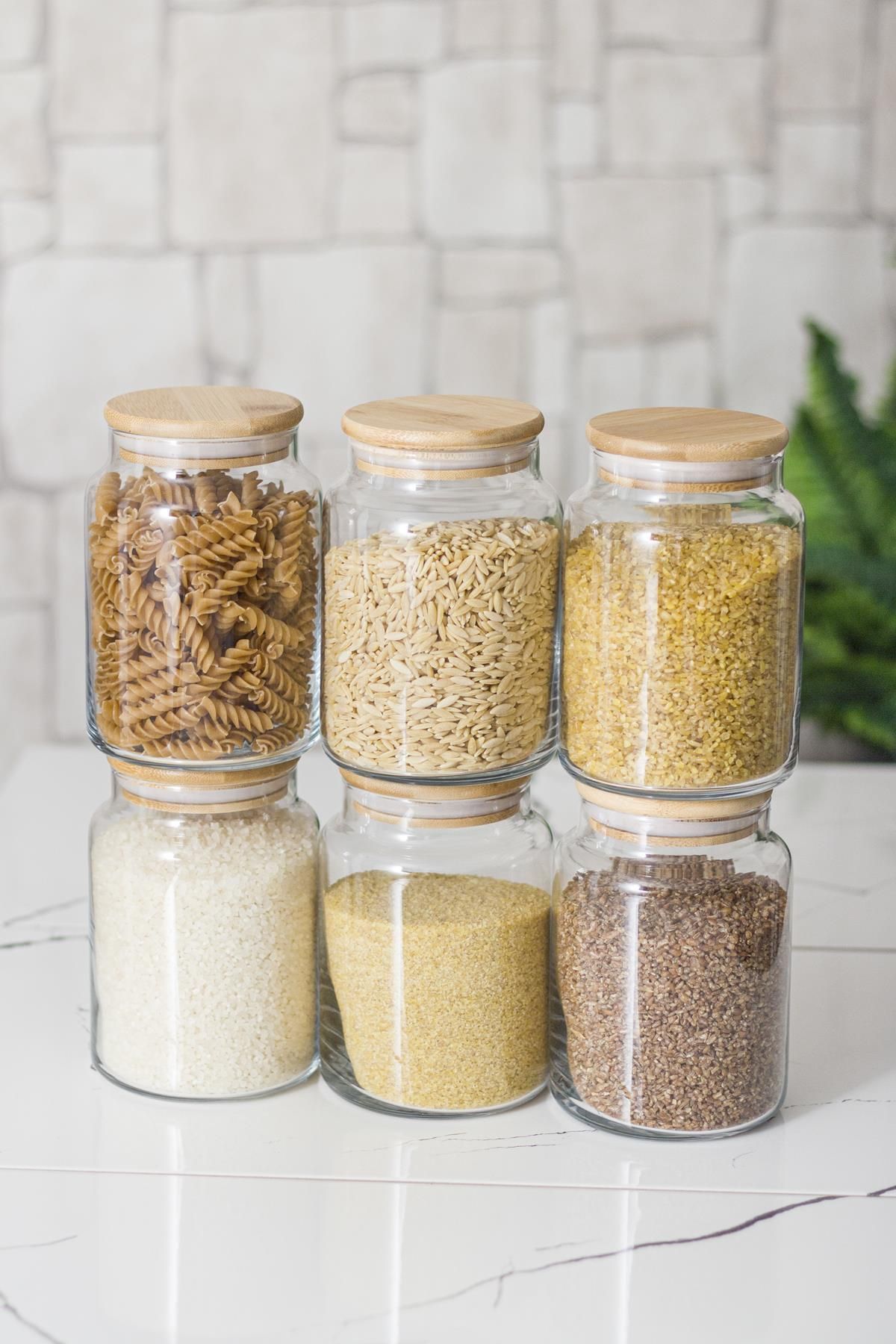 Mu Art Ahşap 6 Lı Set Bambu Kapaklı Cam Kavanoz & Erzak Saklama Kabı 800 Ml Orta Boy ( Vakum Kapak )