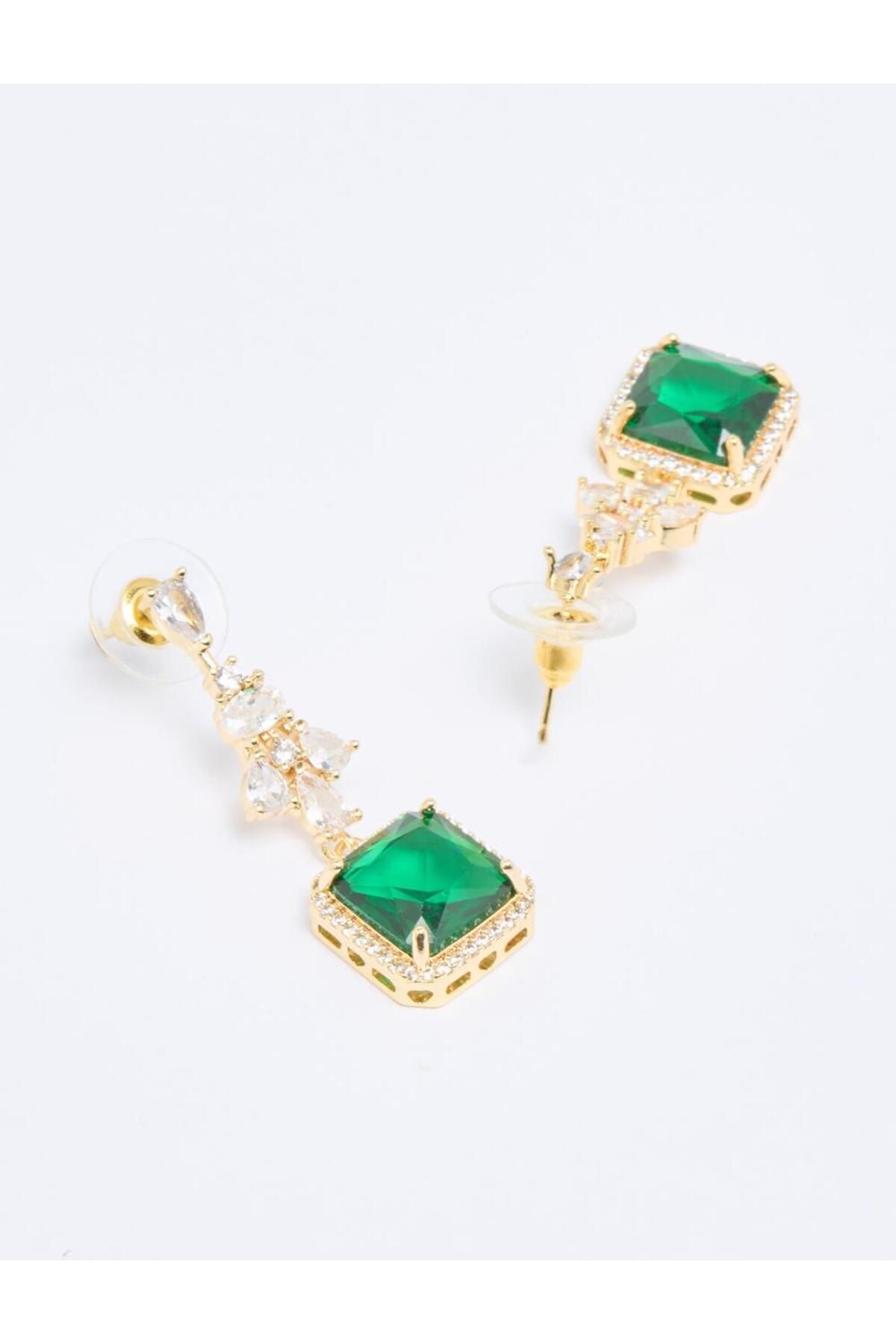 Jimmy Key-Green Square Patterned Shiny Stone Swinging Earrings 2