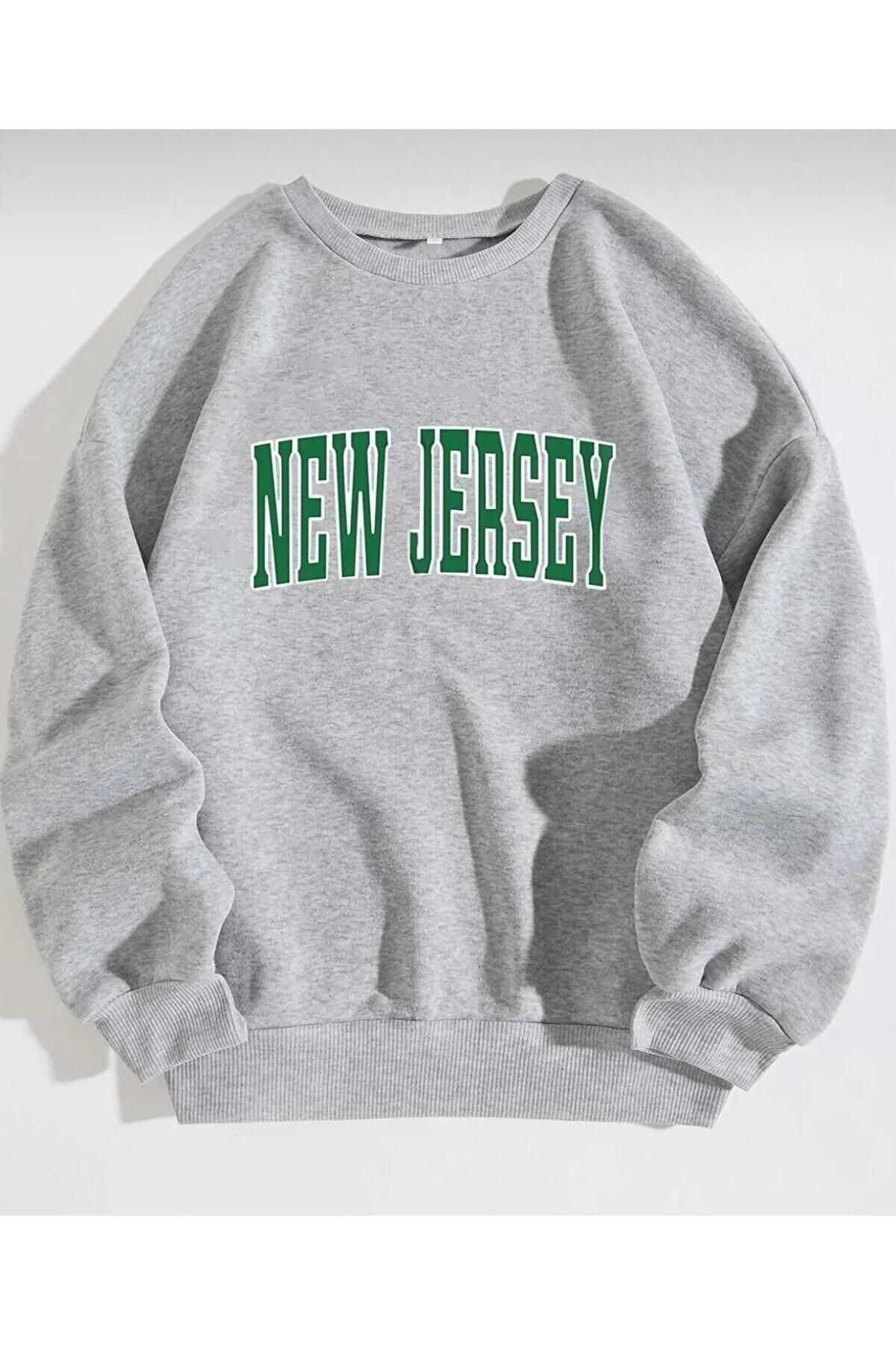 M&A ONE PİECE Unisex Bisiklet Yaka Gri New Jersey Baskılı Oversize Sweatshirt