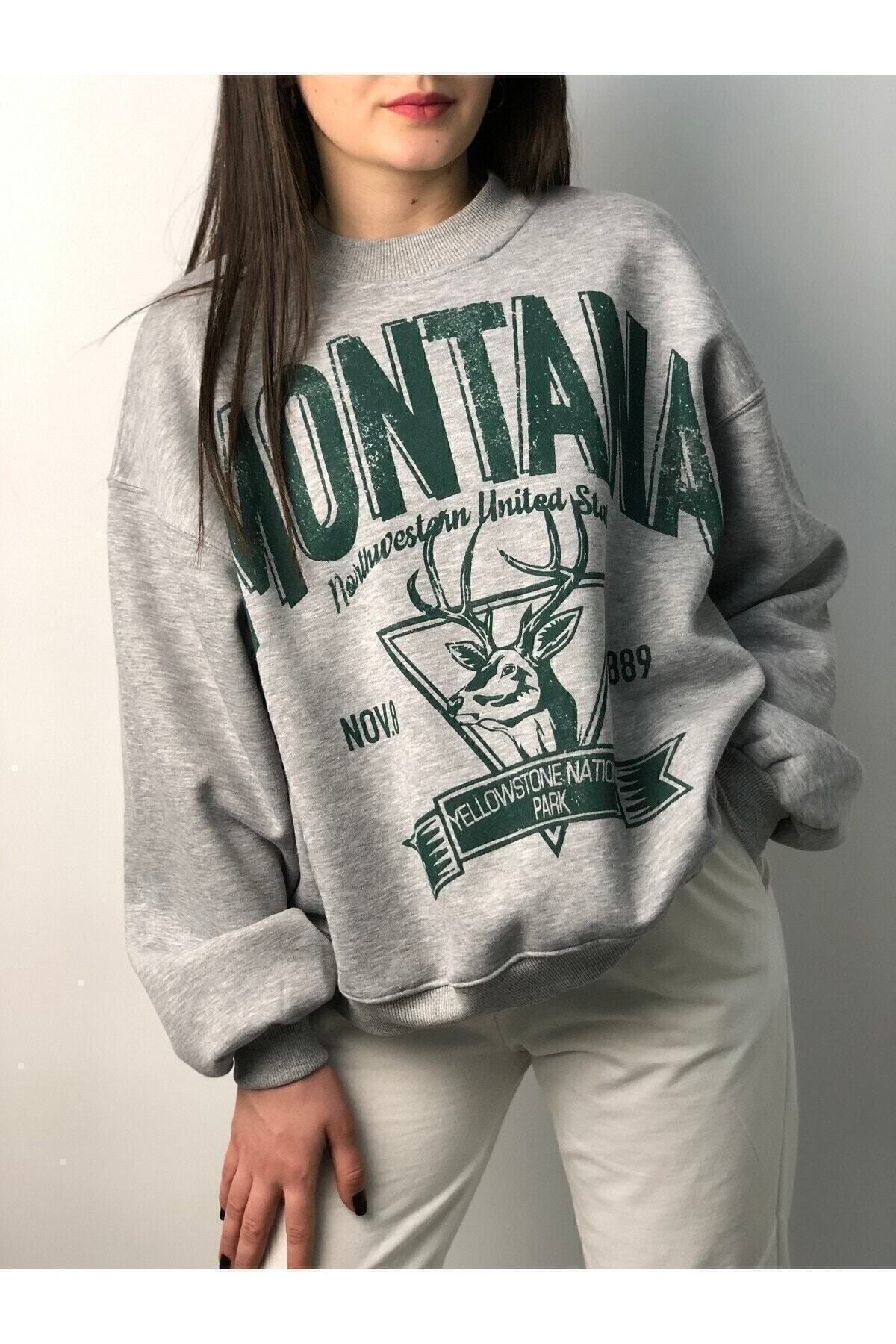 M&A ONE PİECE Kadın Gri Montana Baskılı Sweatshirt